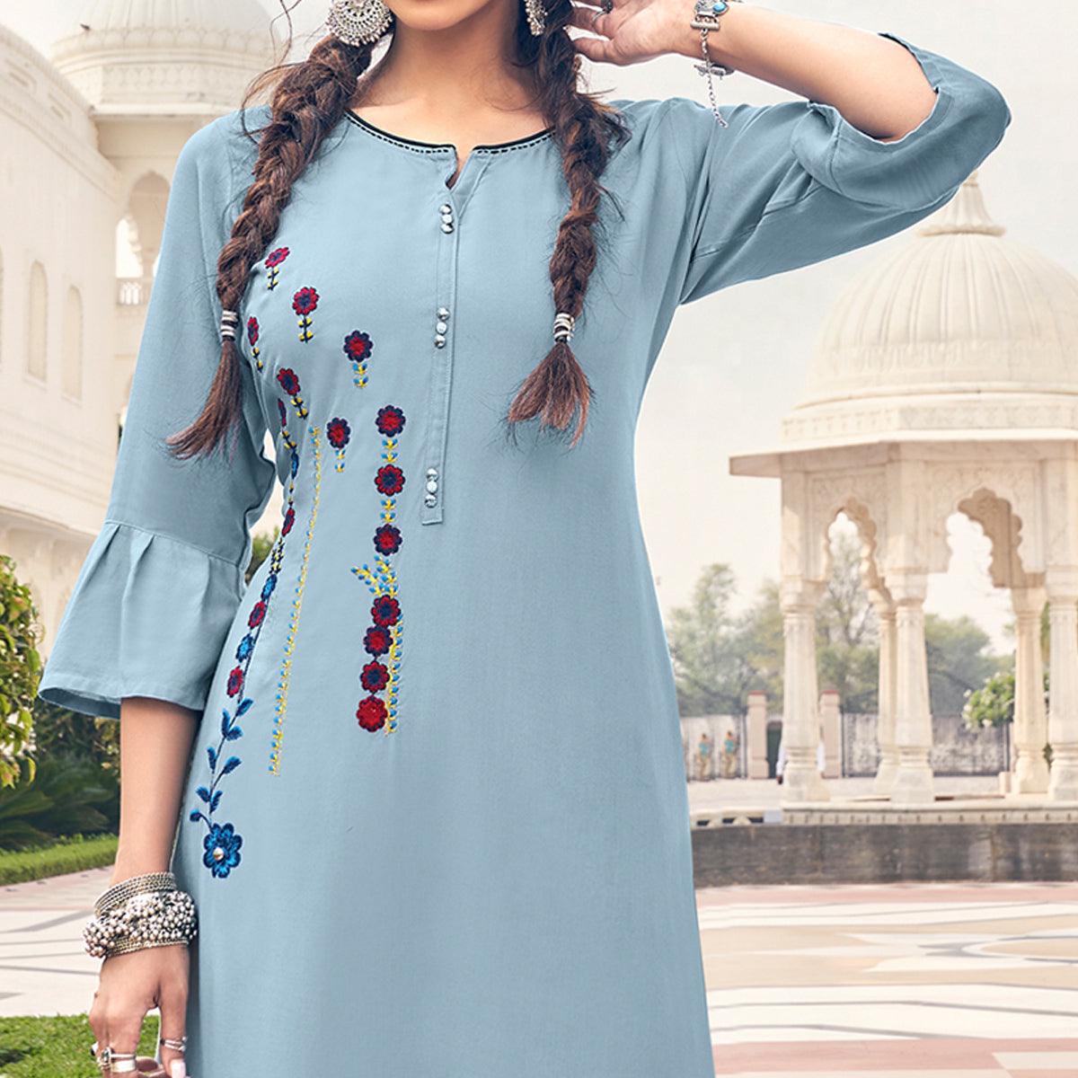 Peachmode Seller Light Blue Casual Wear Embroidered Heavy Rayon Kurti - Palazzo Set - view 3