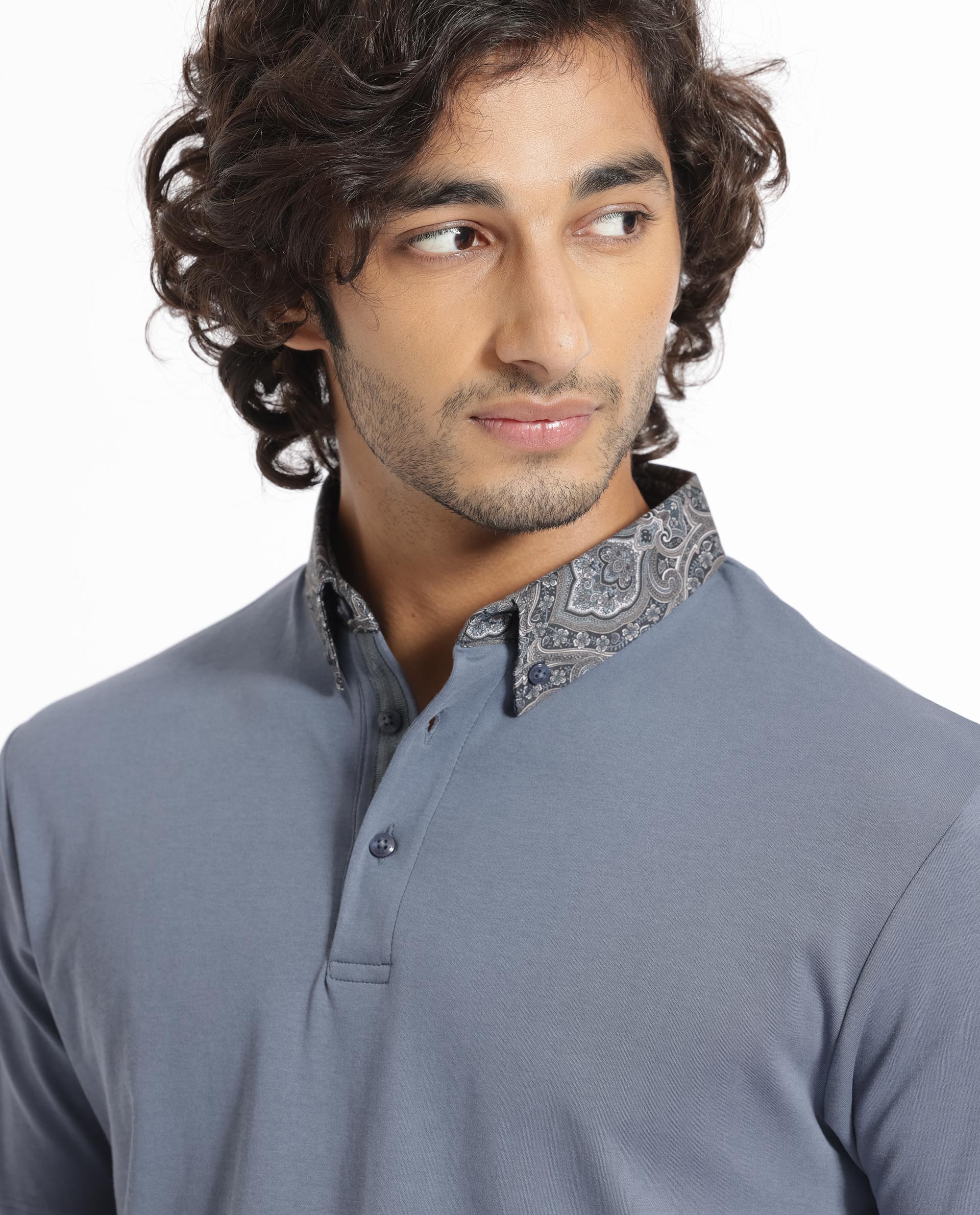 Rare Rabbit Men's Ringer-1 Grey Cotton Fabric Printed Collar Neck Half Sleeves Polo T-Shirt - view 5