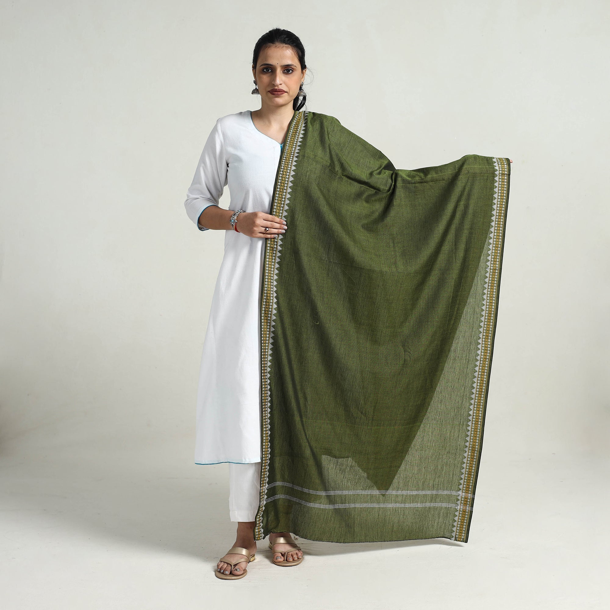 ASHOKA ASSEMBLE - CELEBRATING CRAFTS OF ODISHA Green - Pure Cotton Sambalpuri Ikat Dupatta 08