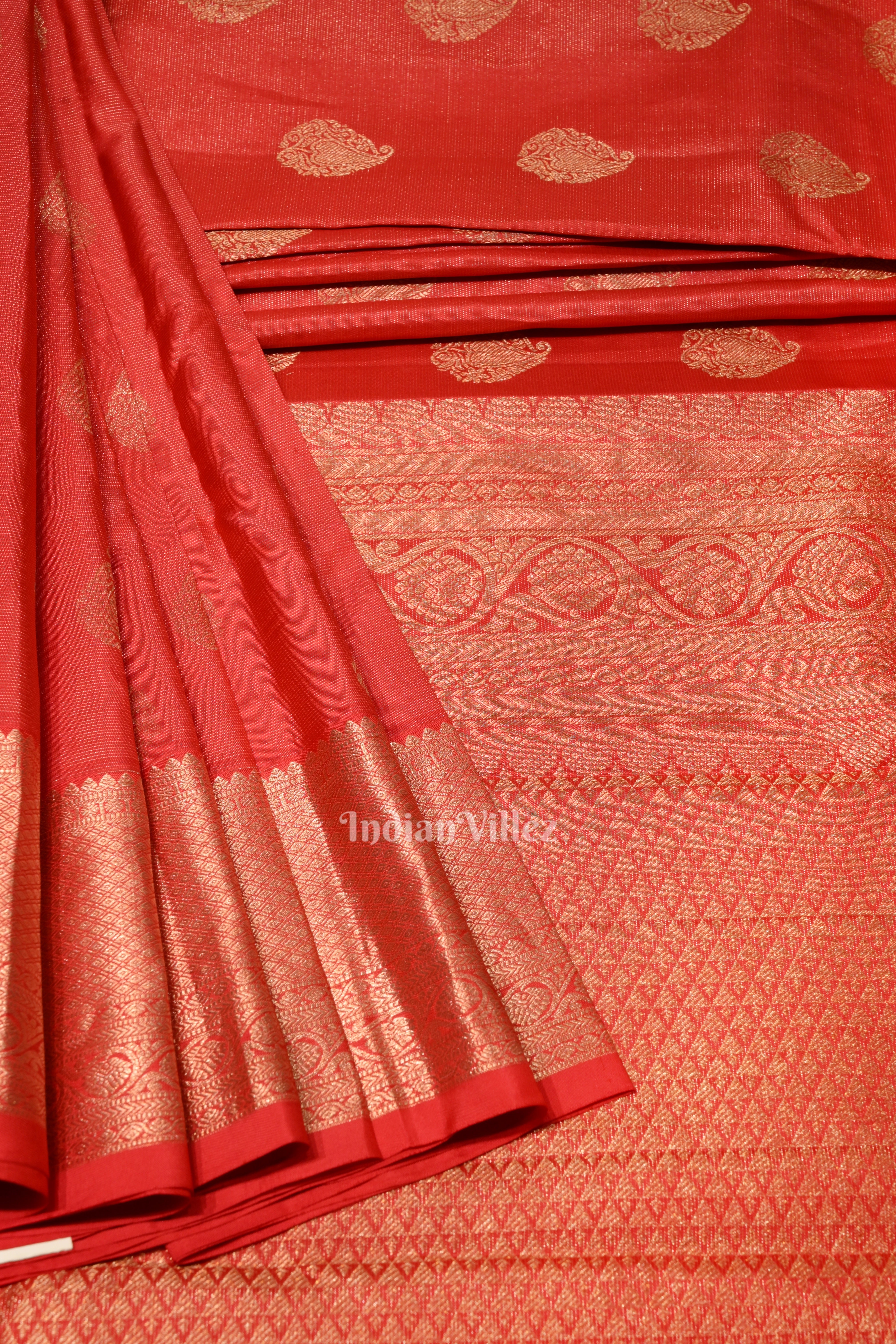 IndianVillèz Deep Red Pure Brocade with Golden Broder Bridal Kanjivaram Silk Saree