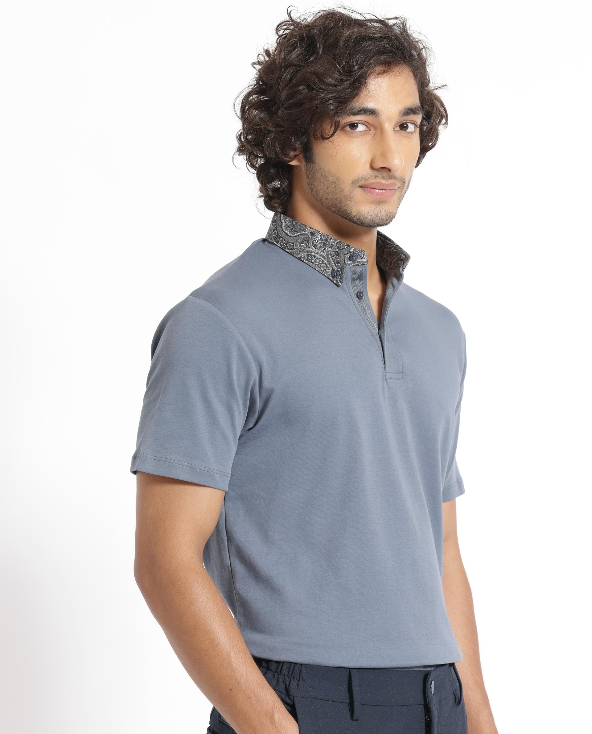 Rare Rabbit Men's Ringer-1 Grey Cotton Fabric Printed Collar Neck Half Sleeves Polo T-Shirt - view 7