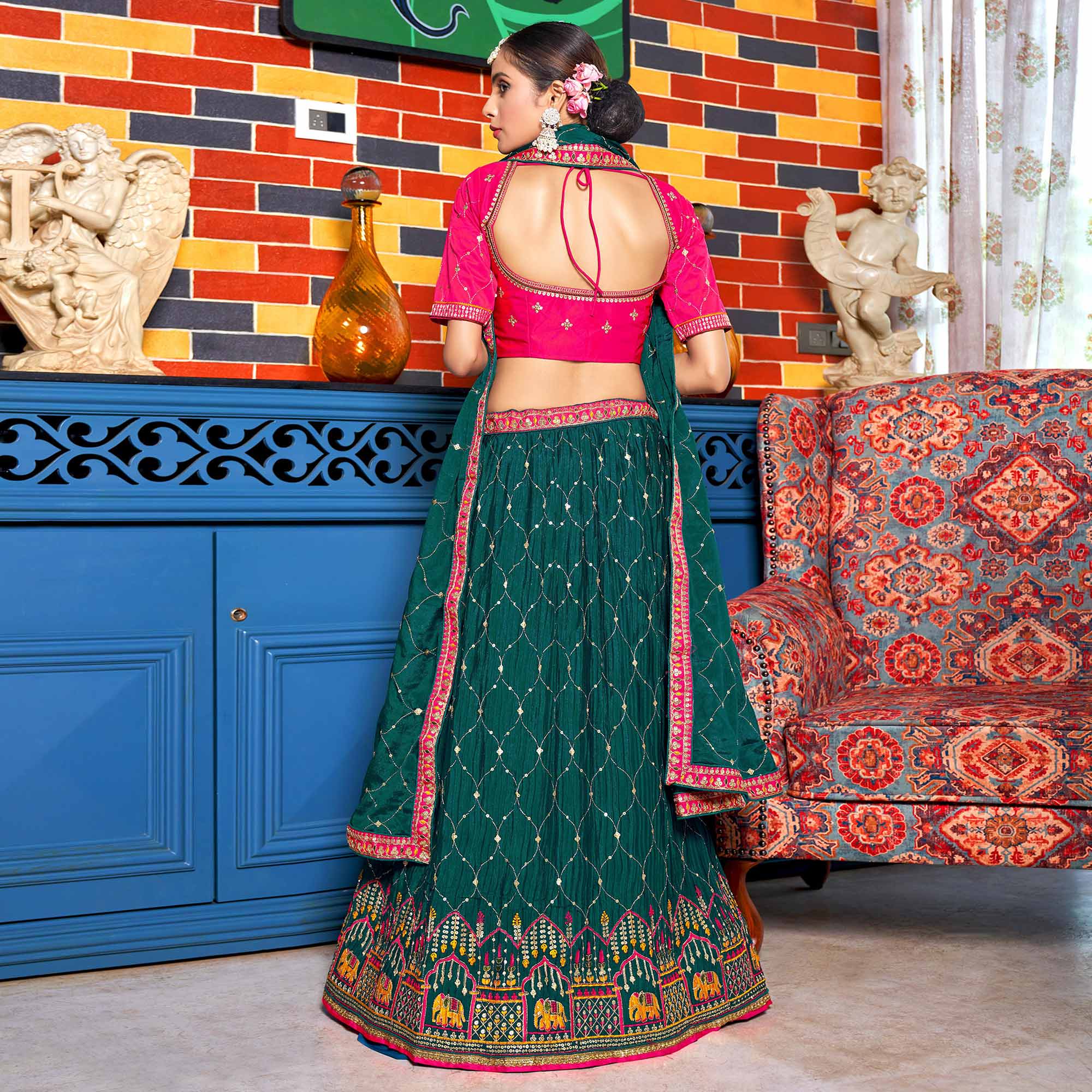 Peachmode Deep Sea Green Sequins Embroidered Chiffon Lehenga Choli - view 5