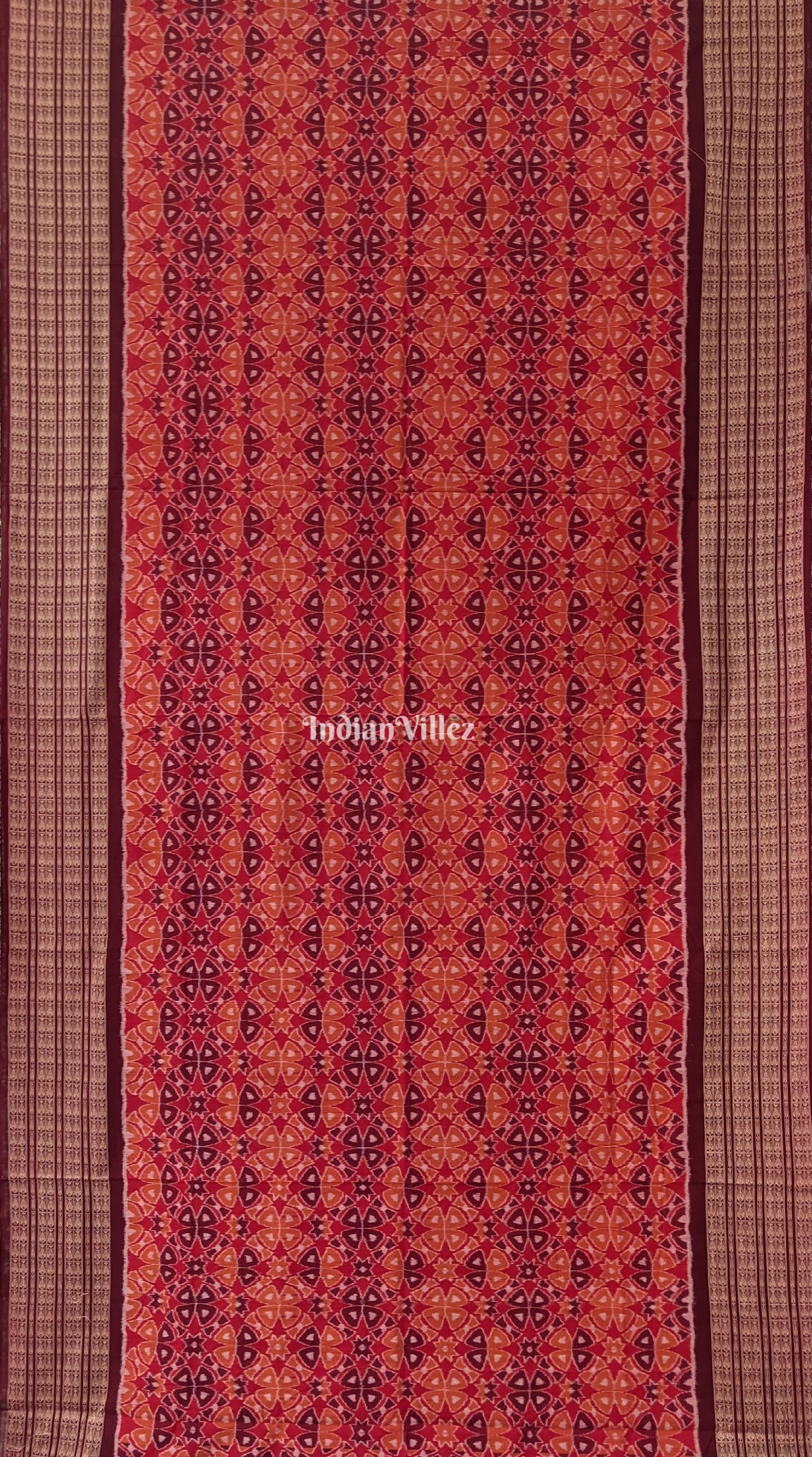 IndianVillèz Brick Red Base Flower Design Sambalpuri Pure Cotton Saree - view 2
