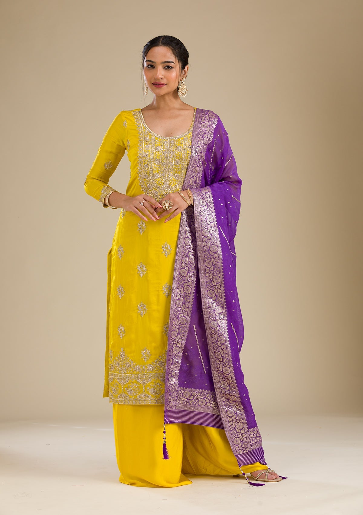 Koskii Yellow Zariwork Semi Crepe Readymade Salwar Suit