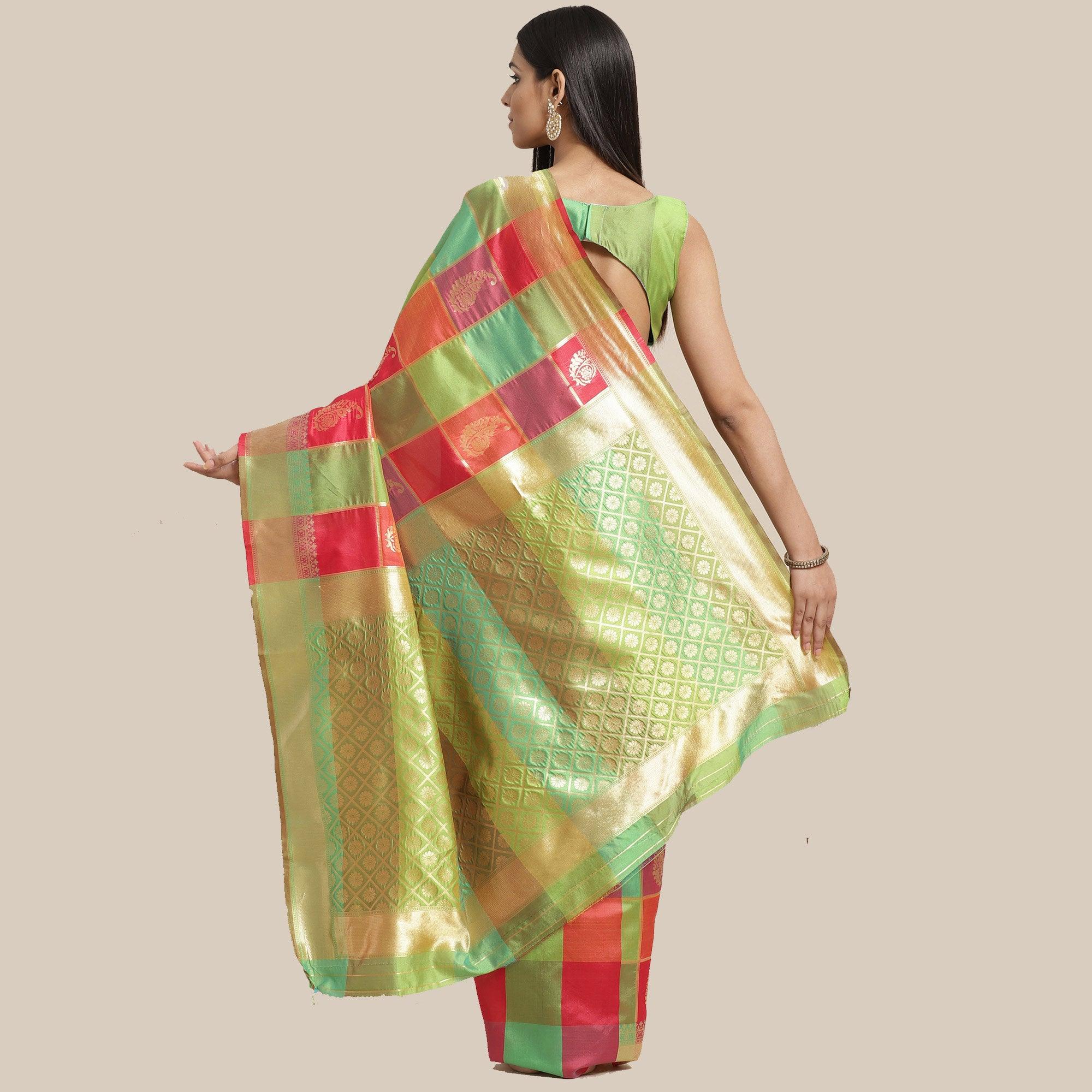 Peachmode Fantastic Green-Pink Colored Festive Wear Woven Silk Blend Saree - view 2