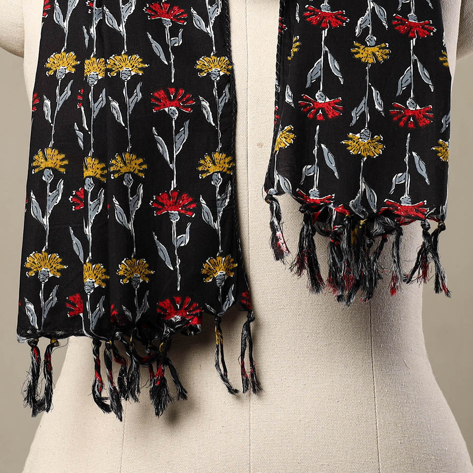 HAVELI CHRONICLES Black - Block Print Cotton Sanganeri Stole with Tassels 195 - view 2