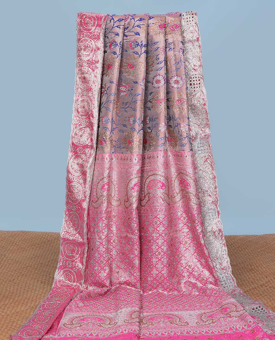 Vastrakala Pattu Pink floral jaal jacquard & stone embroidery silksaree,contrast pallu & traditional zari design scallop & cutwork border
