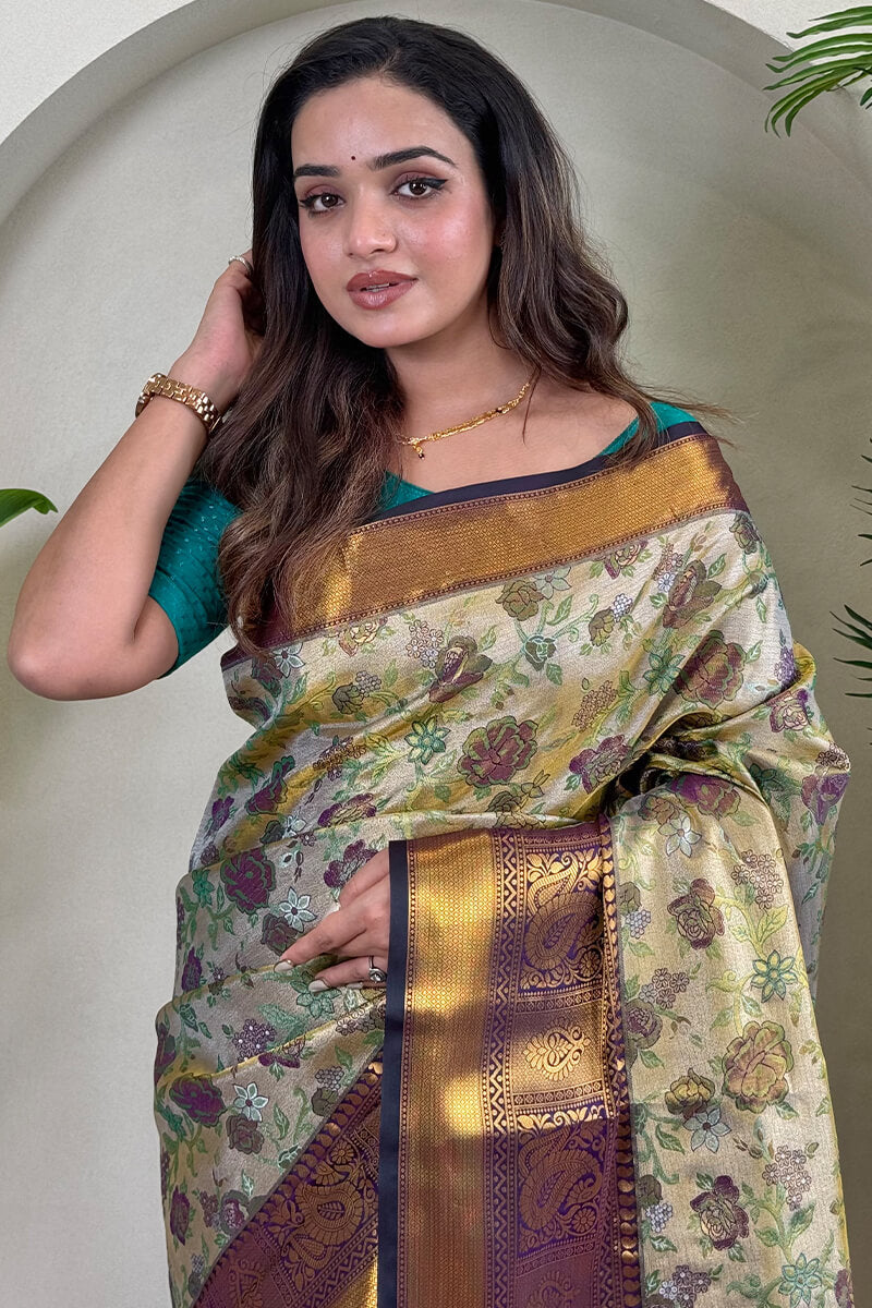 Tasrika Imaginative Beige and Blue Kanjivaram Silk Saree With Refreshing Blouse Piece - view 2