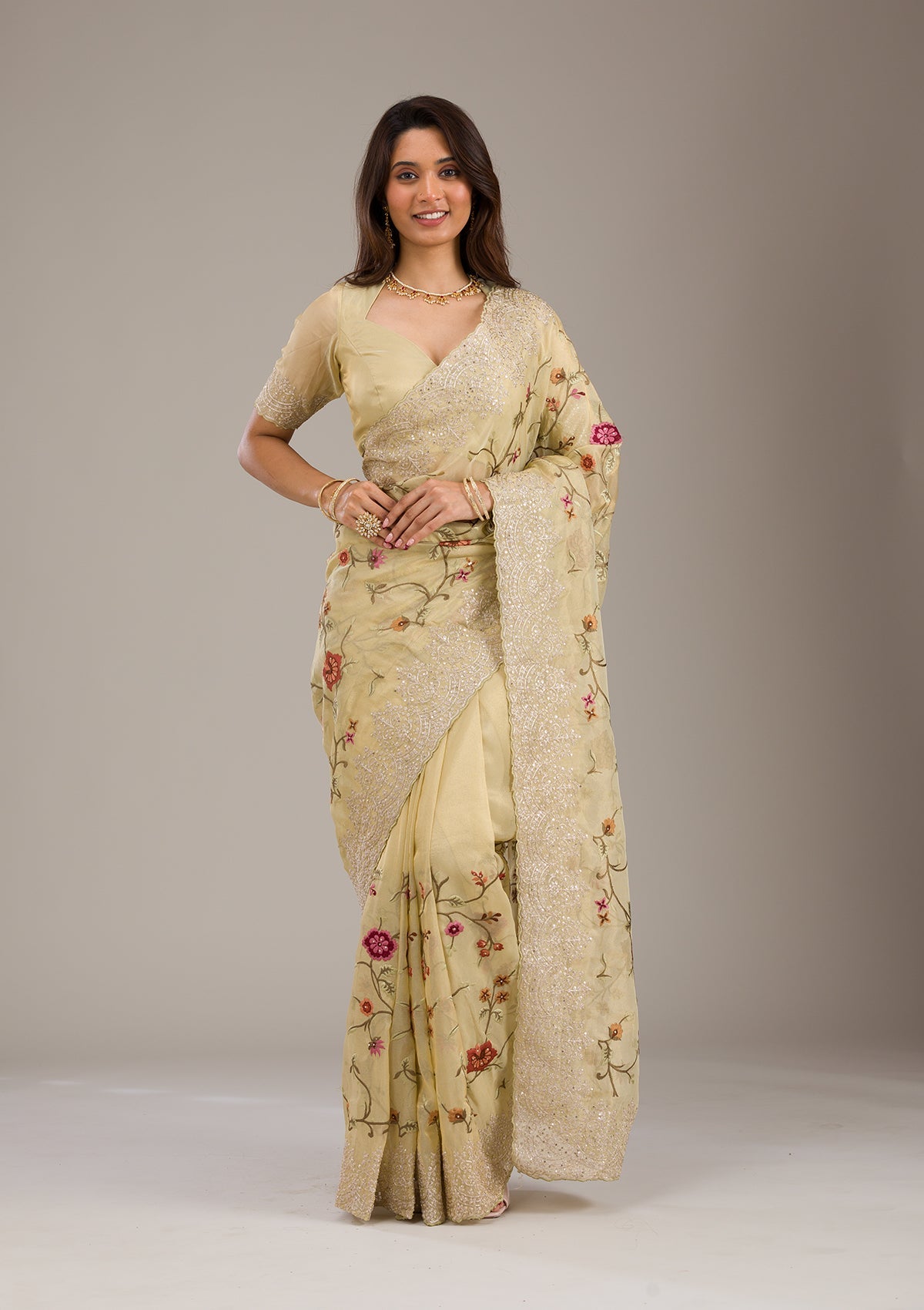 Koskii Yellow Threadwork Tissue Saree – Women's