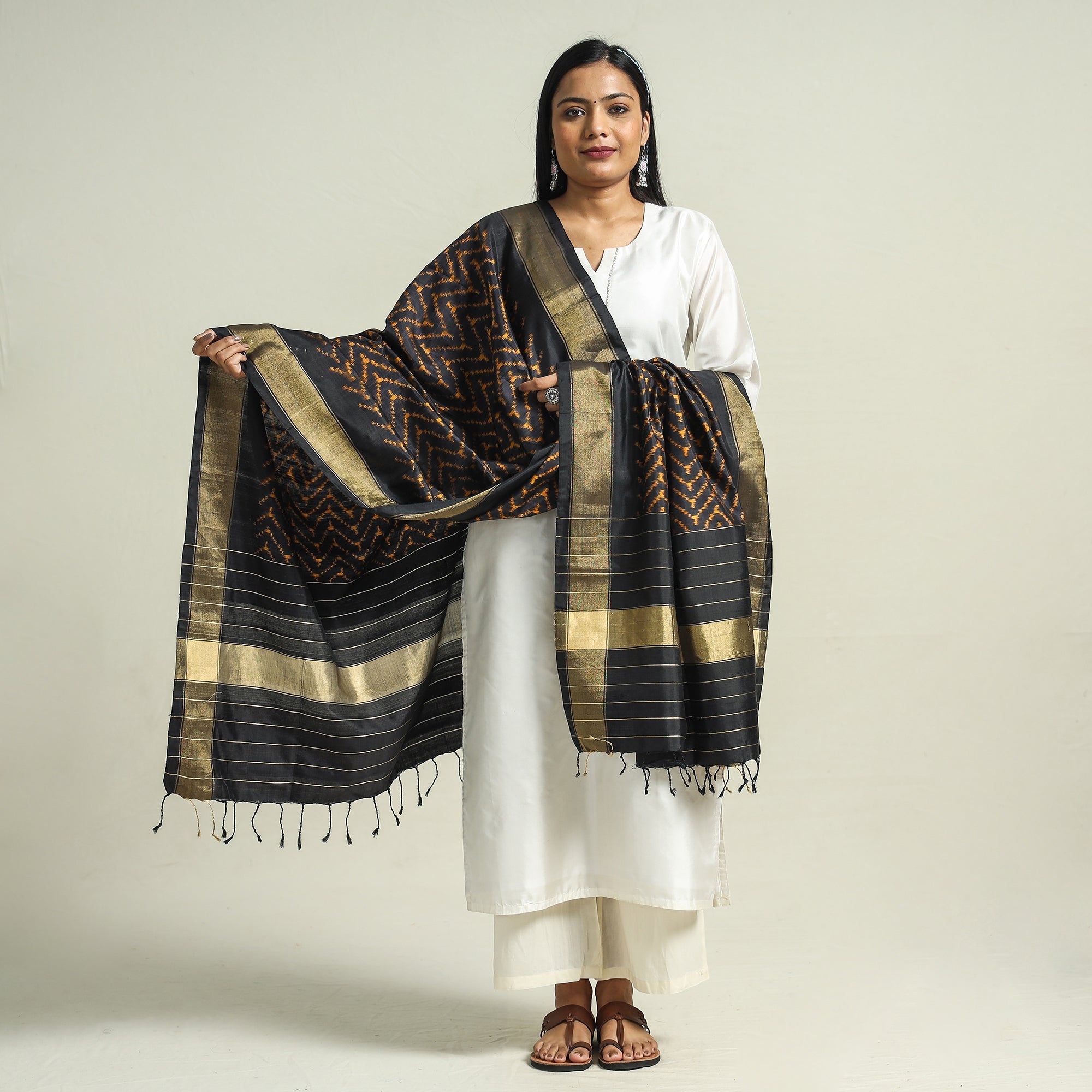 IKAT WEAVES BY EDEM CHANDANA Black - Handwoven Pochampally Ikat Pure Mulberry Silk Dupatta with Tassels - view 2