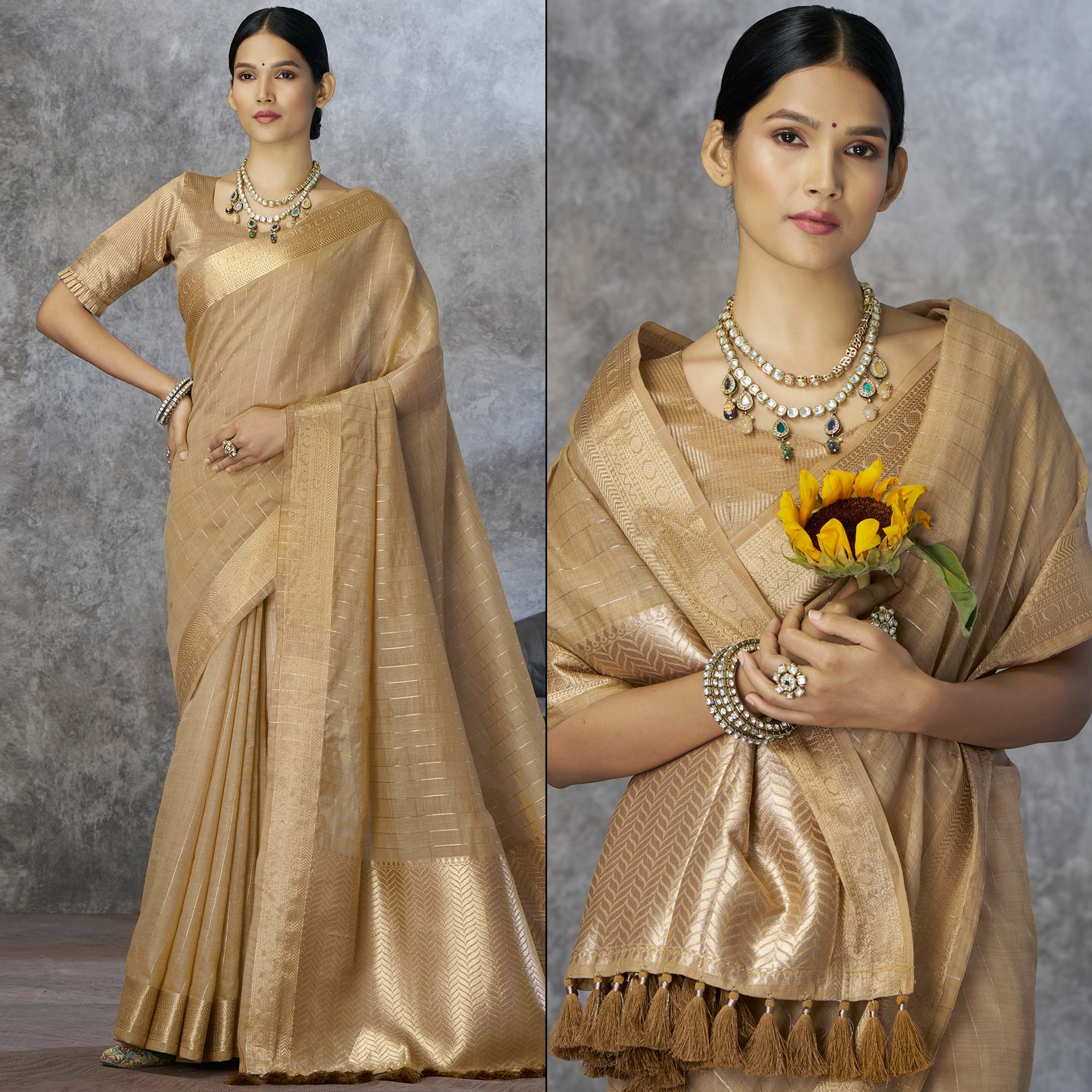 Peachmode Chikoo Woven Cotton Silk Saree With Tassels