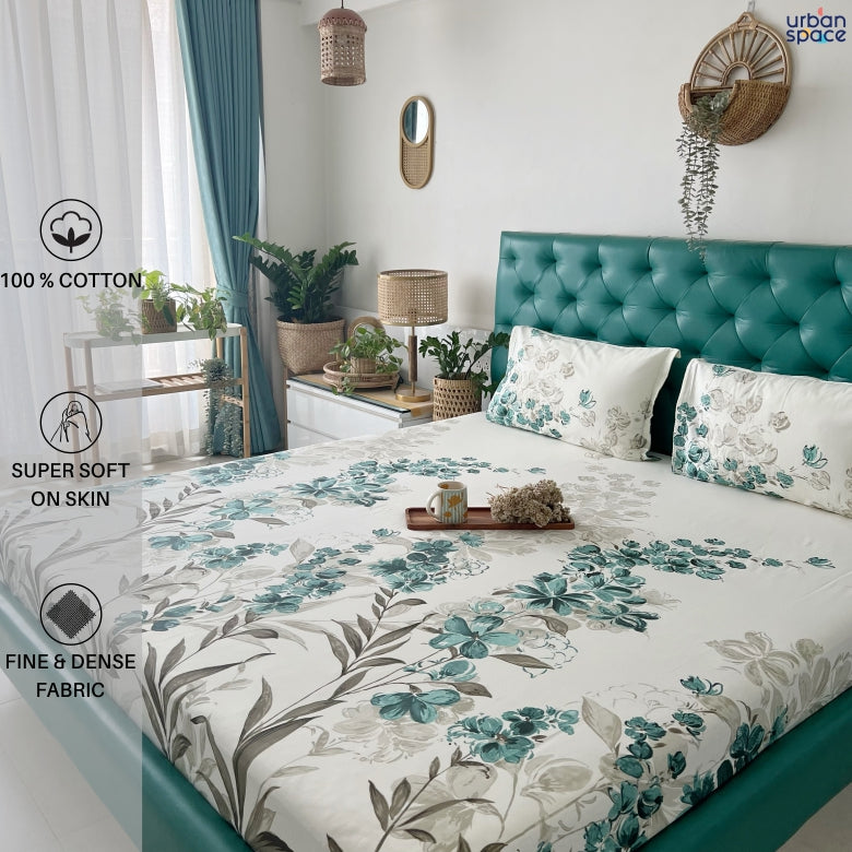 Urban Space -Home Furnishing Store Serene 200 TC 100% Cotton Single Printed Bedsheet with Pillow Covers - Majestic Green - view 2