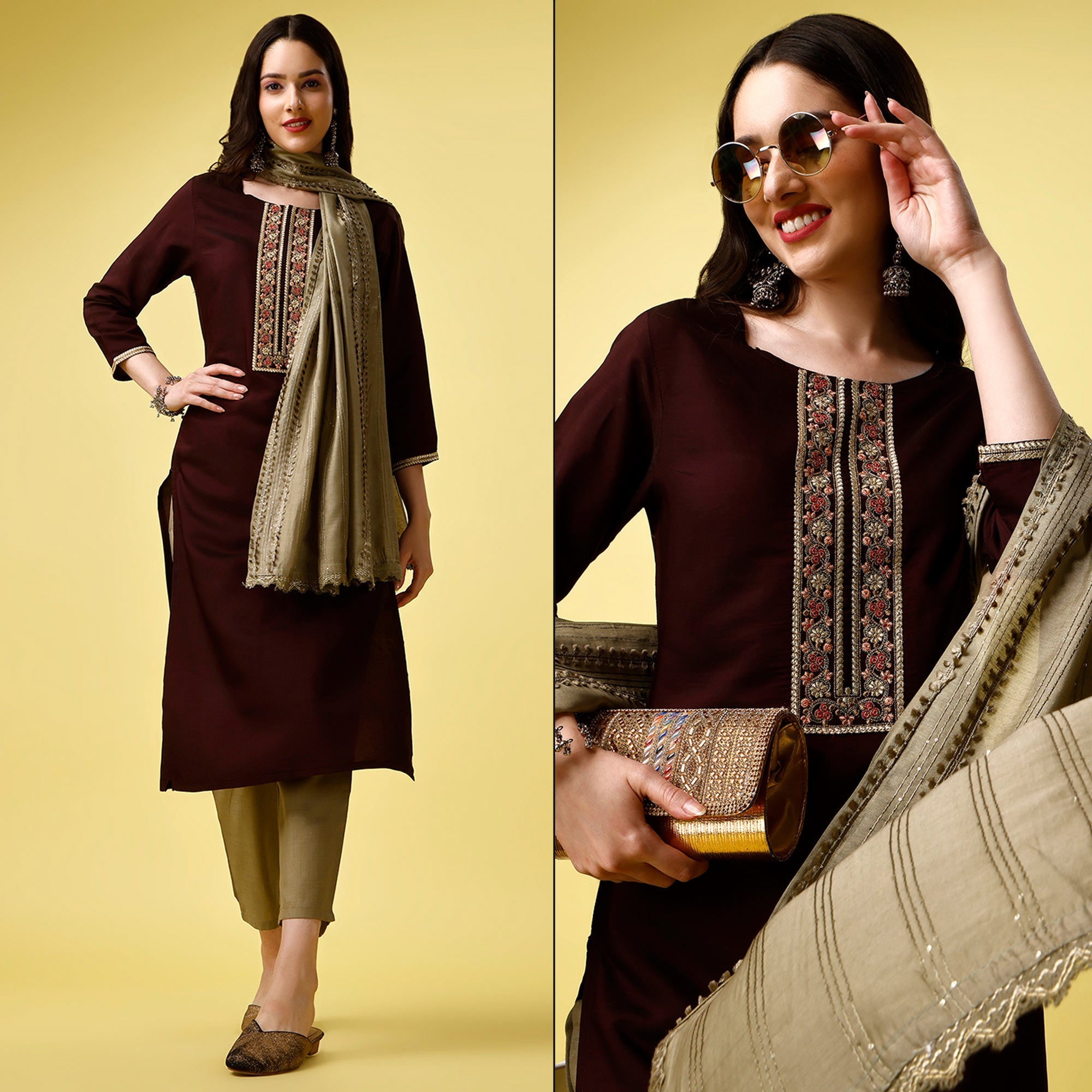 Peachmode Seller Maroon Embroidered Art Silk Kurti Sets
