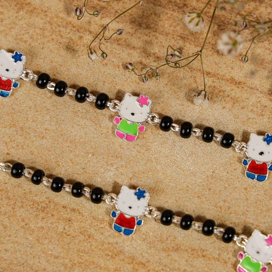 Prinjal Jewellers Black beads multicolor teddy bear silver nazariya for kids
