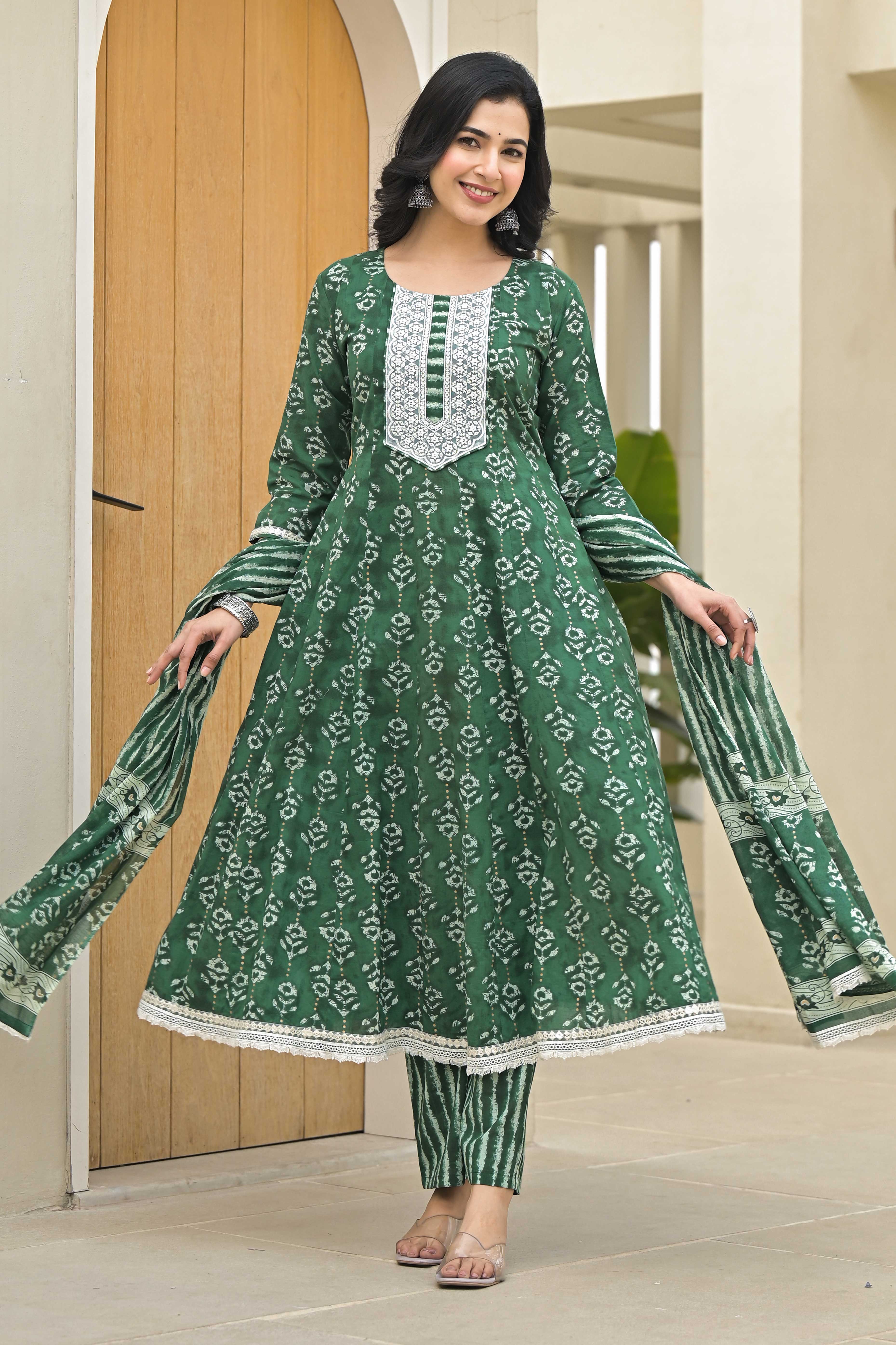 Green salwar suits – BlackTree green-floral-printed-pure-cotton-anarkali-salwar-suit-1