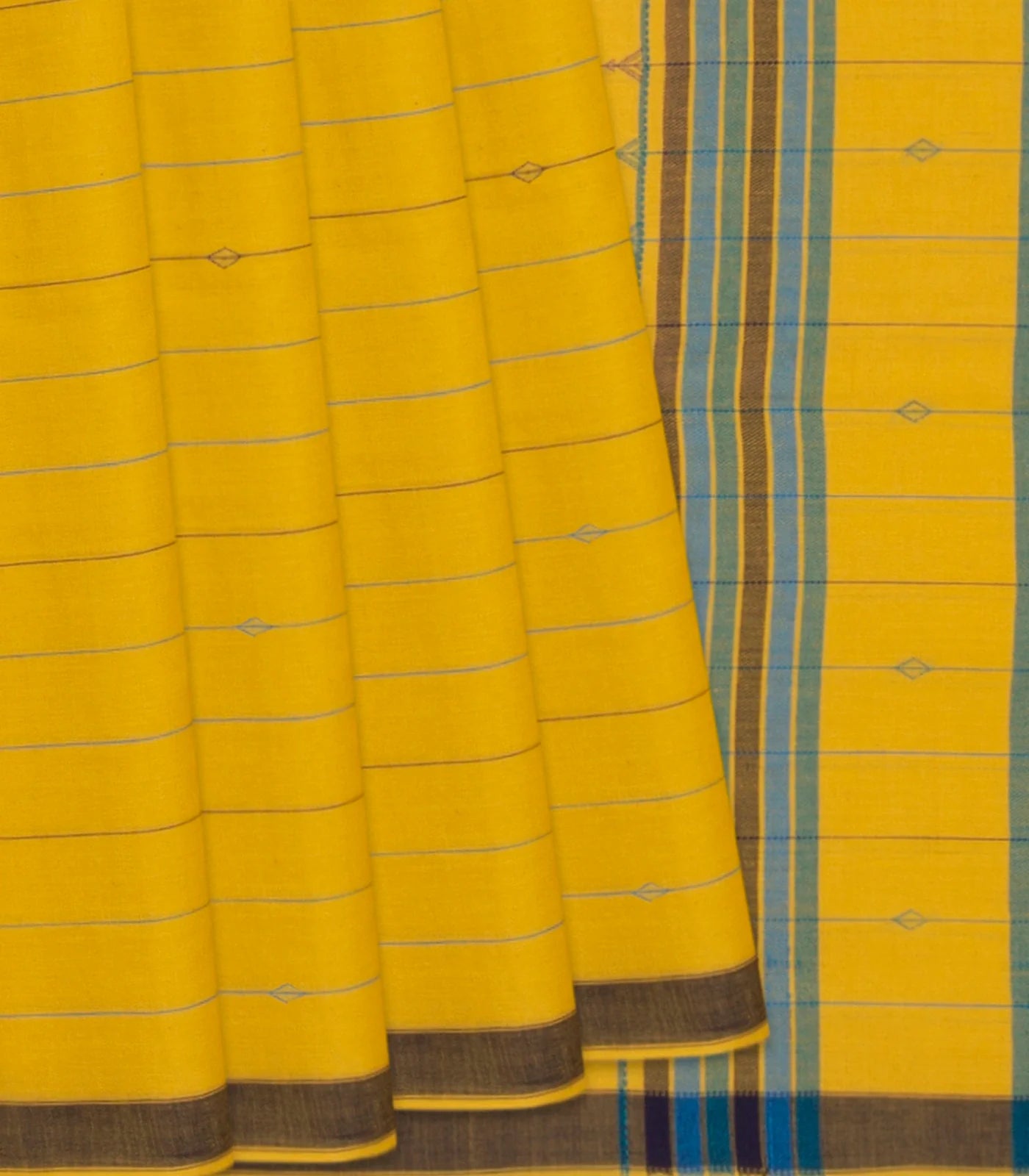 RmKV Yellow Handwoven Bengal Cotton Saree With Stripes & Black Border-Yellow