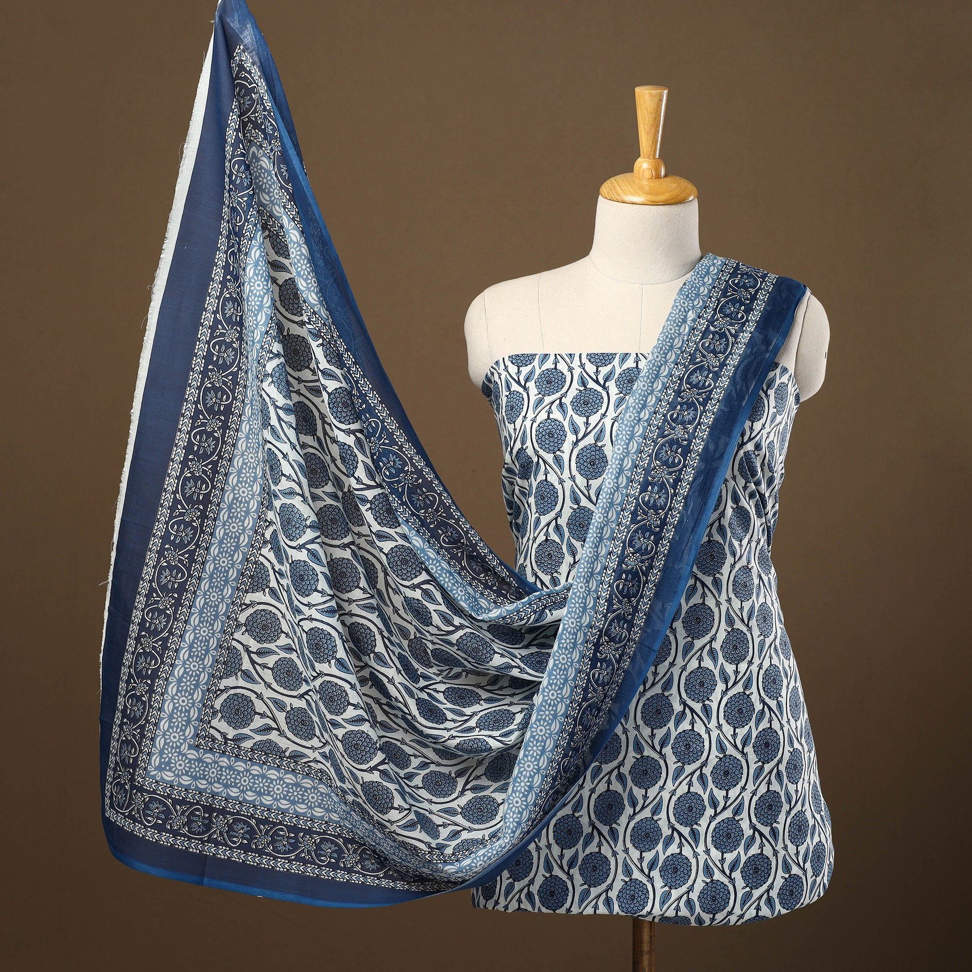 ARTISAN HAND BLOCK PRINTS Blue - 3pc Sanganeri Block Print Cotton Dress Material 09