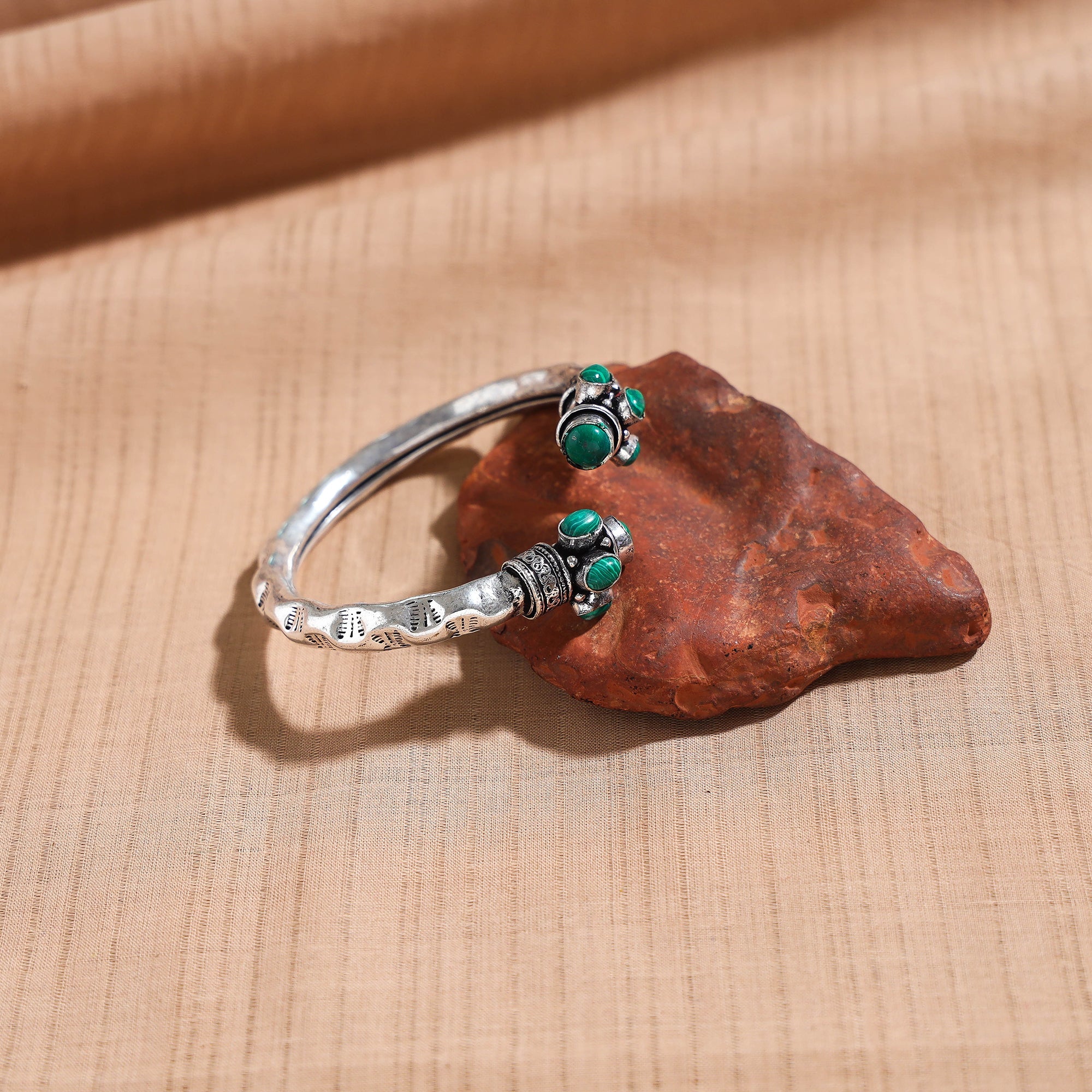 WHITE RIVER STORIES Antique Finish Oxidised German Silver Stone Bangle / Kada (Adjustable)