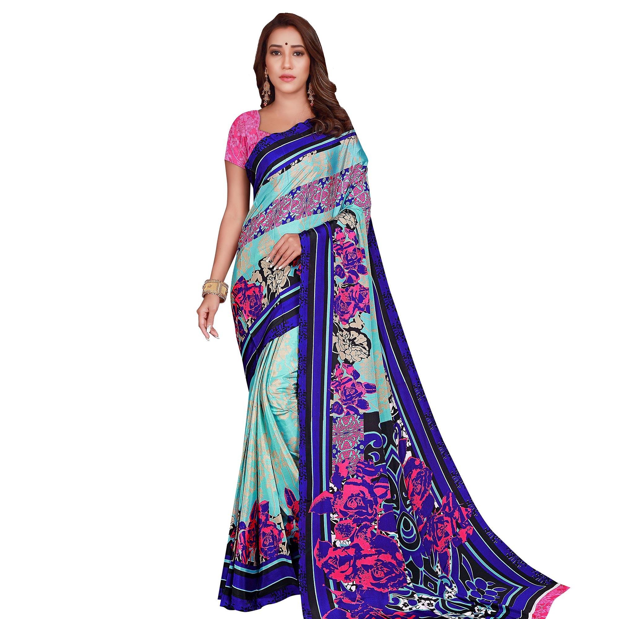 Peachmode Intricate Mint Green-Blue Colored Casual Wear Printed Crepe Saree