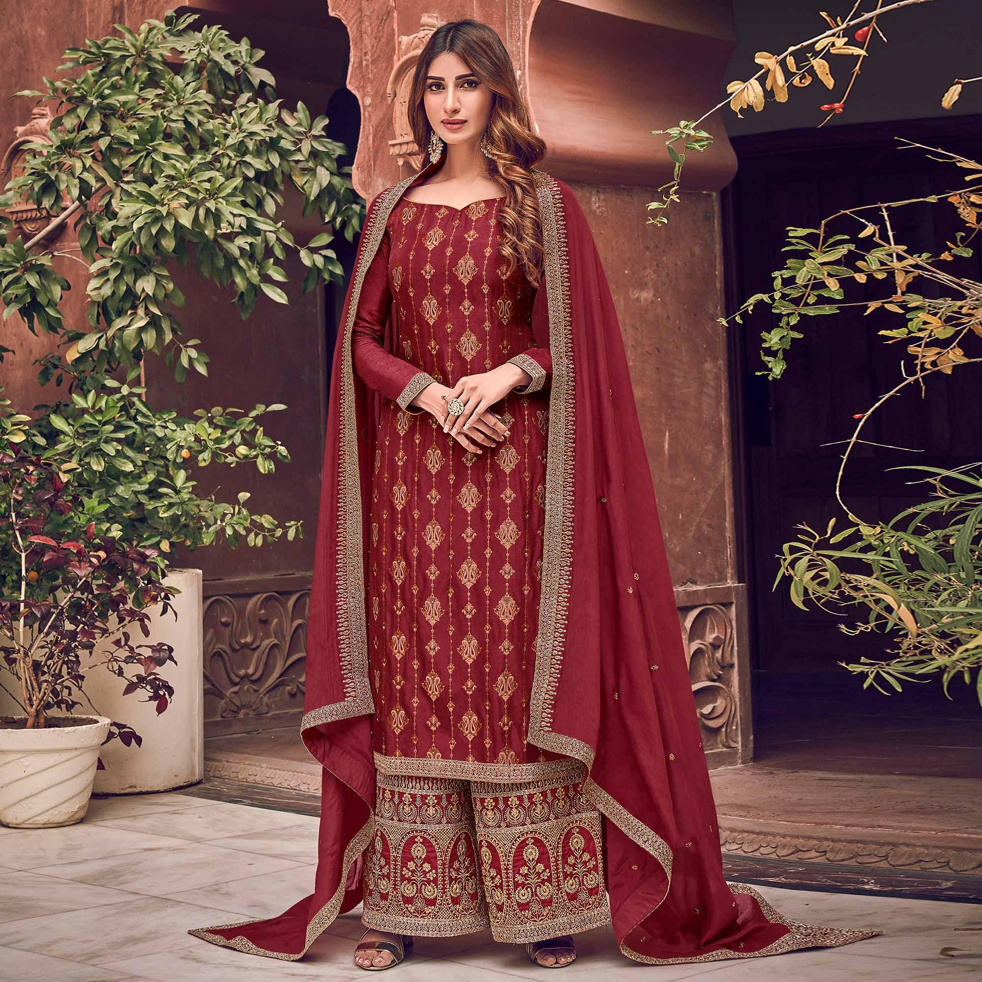 Peachmode Breathtaking Rani Colored Partywear Embroidered Pure Dola Jacquard Palazzo Suit