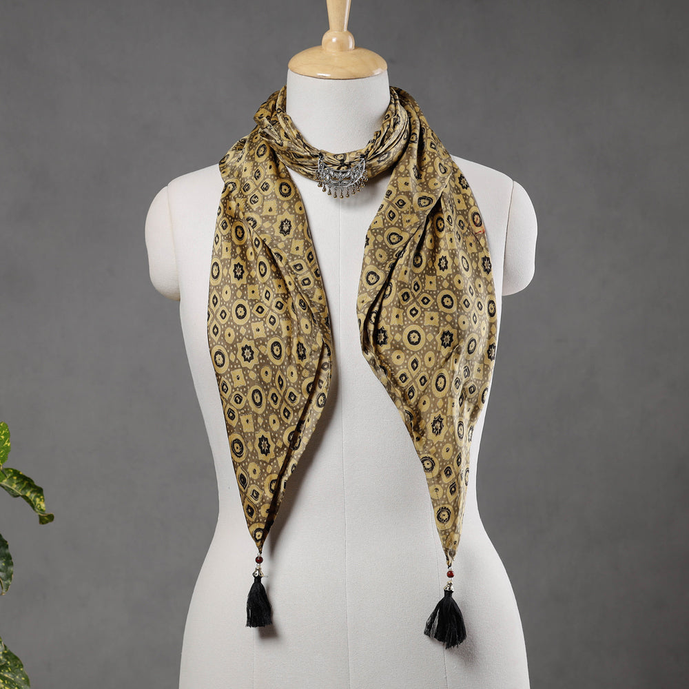 STOLES & SCARVES Brown - Modal Silk Ajrakh Block Printing Pendant Necklace Scarf