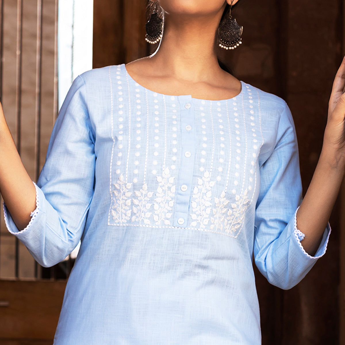 Peachmode Seller Light Blue Embroidered Pure Cotton Kurti - view 2