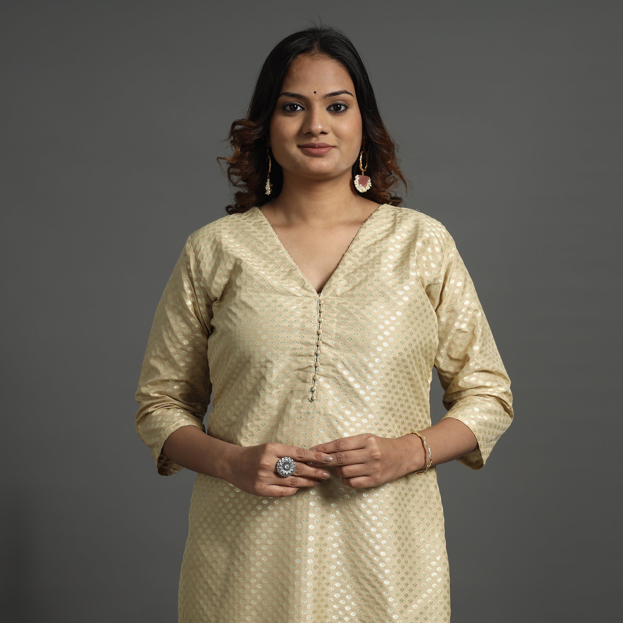 ITOKRI CASUALS Beige - Elegant Banarasi Brocade Silk Kurta with Pant Set - view 2