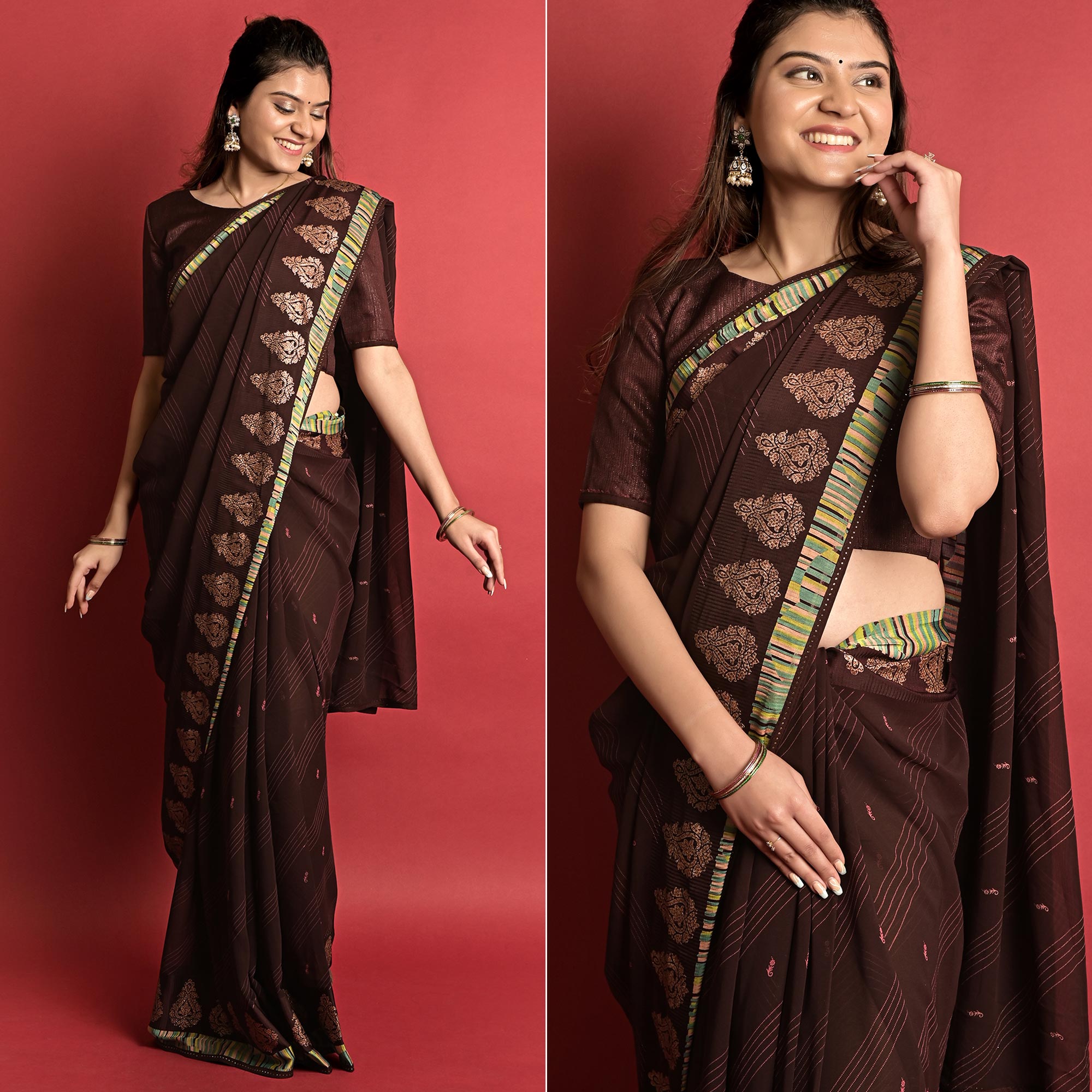 Peachmode Coffee Brown Printed Georgette Saree