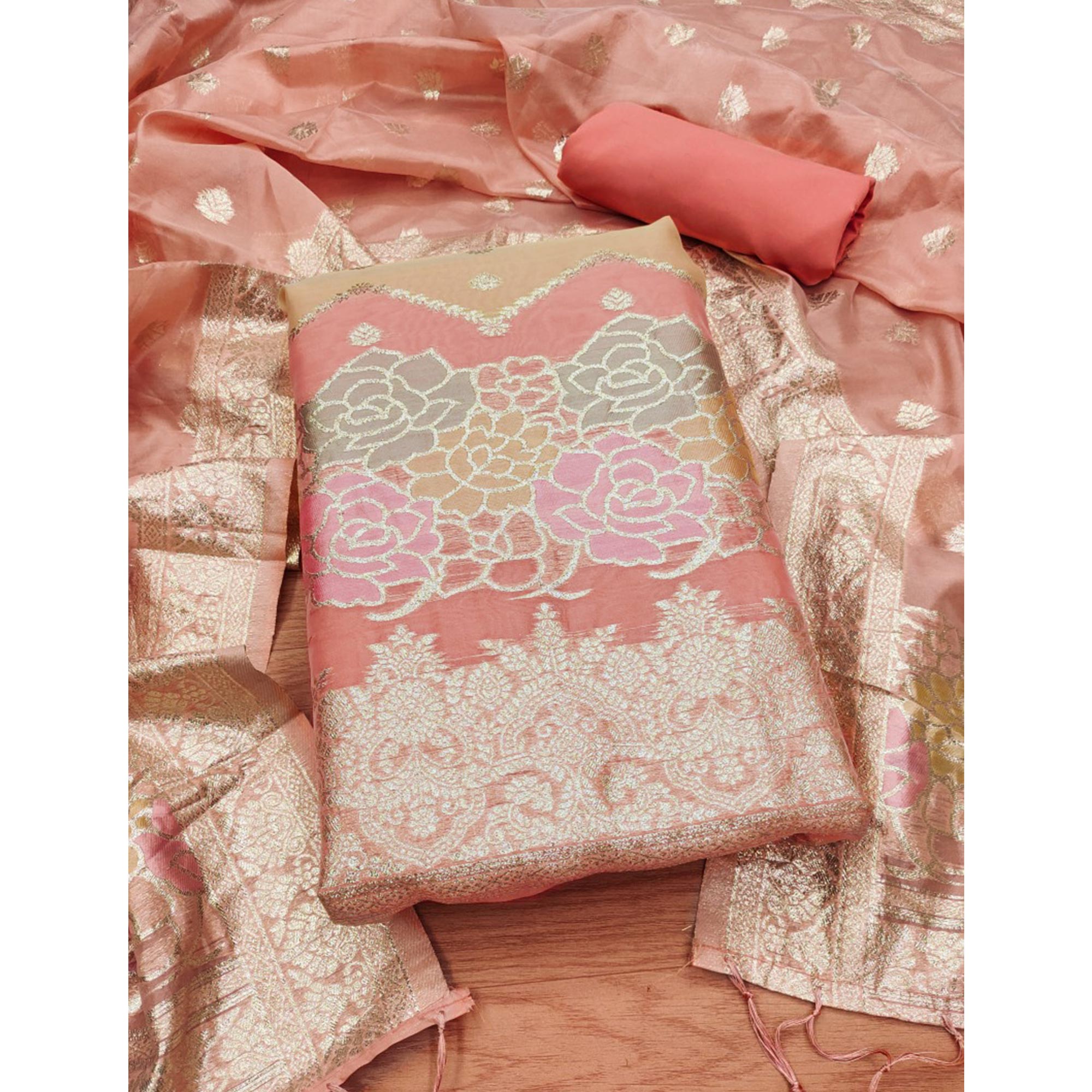Peachmode Peach Floral Woven Organza Dress Material - view 3