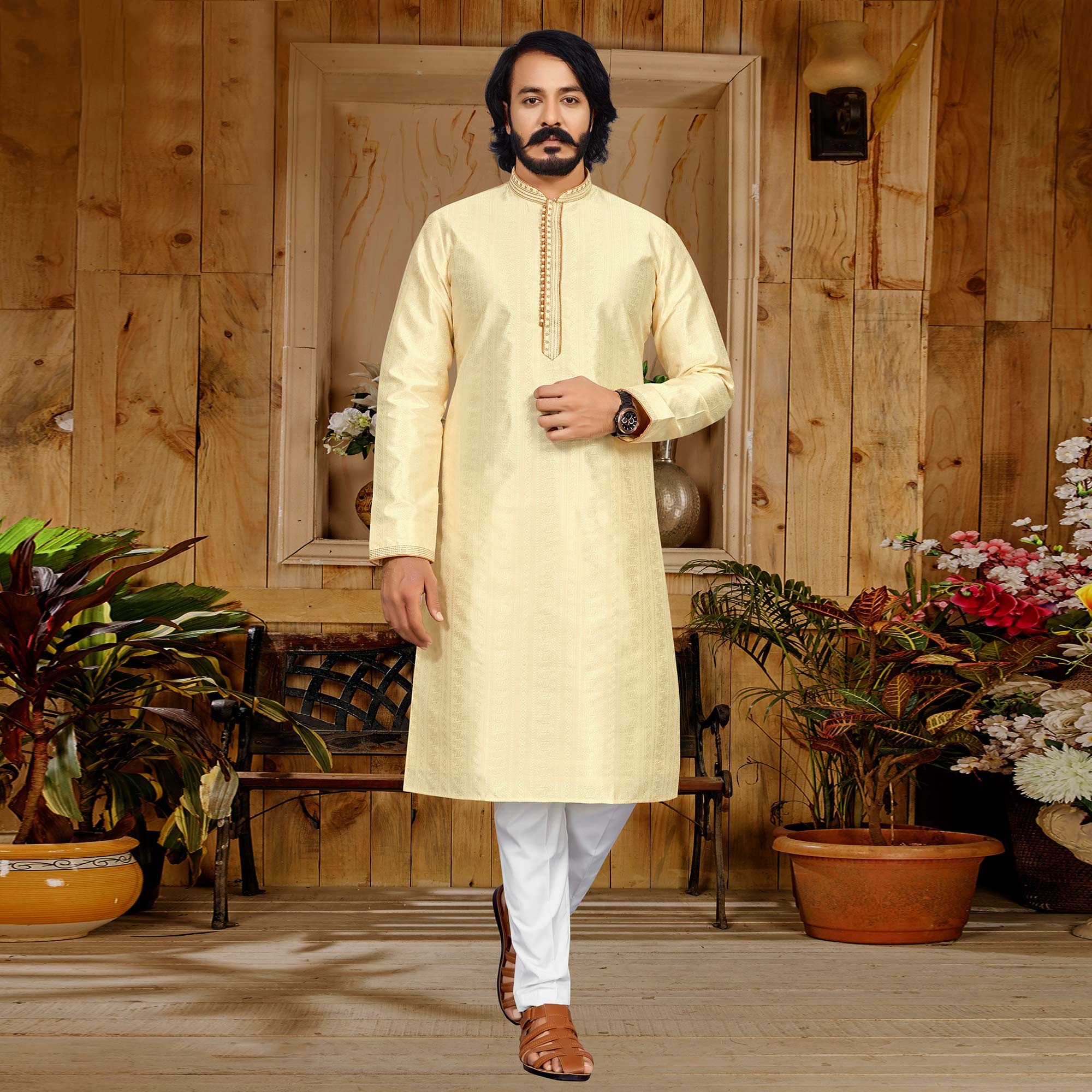Peachmode Seller Light Yellow Woven Jacquard Kurta Pyjama Set
