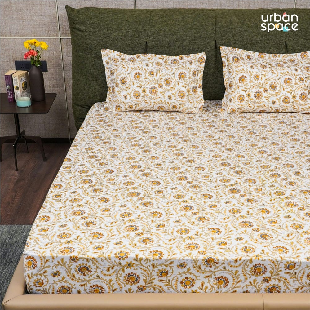 Urban Space -Home Furnishing Store Serene Collection - Breathable 200 TC 100% Pure Cotton Single Bedsheet with Pillow Cover, Guldaudi Floral - Brown - view 2