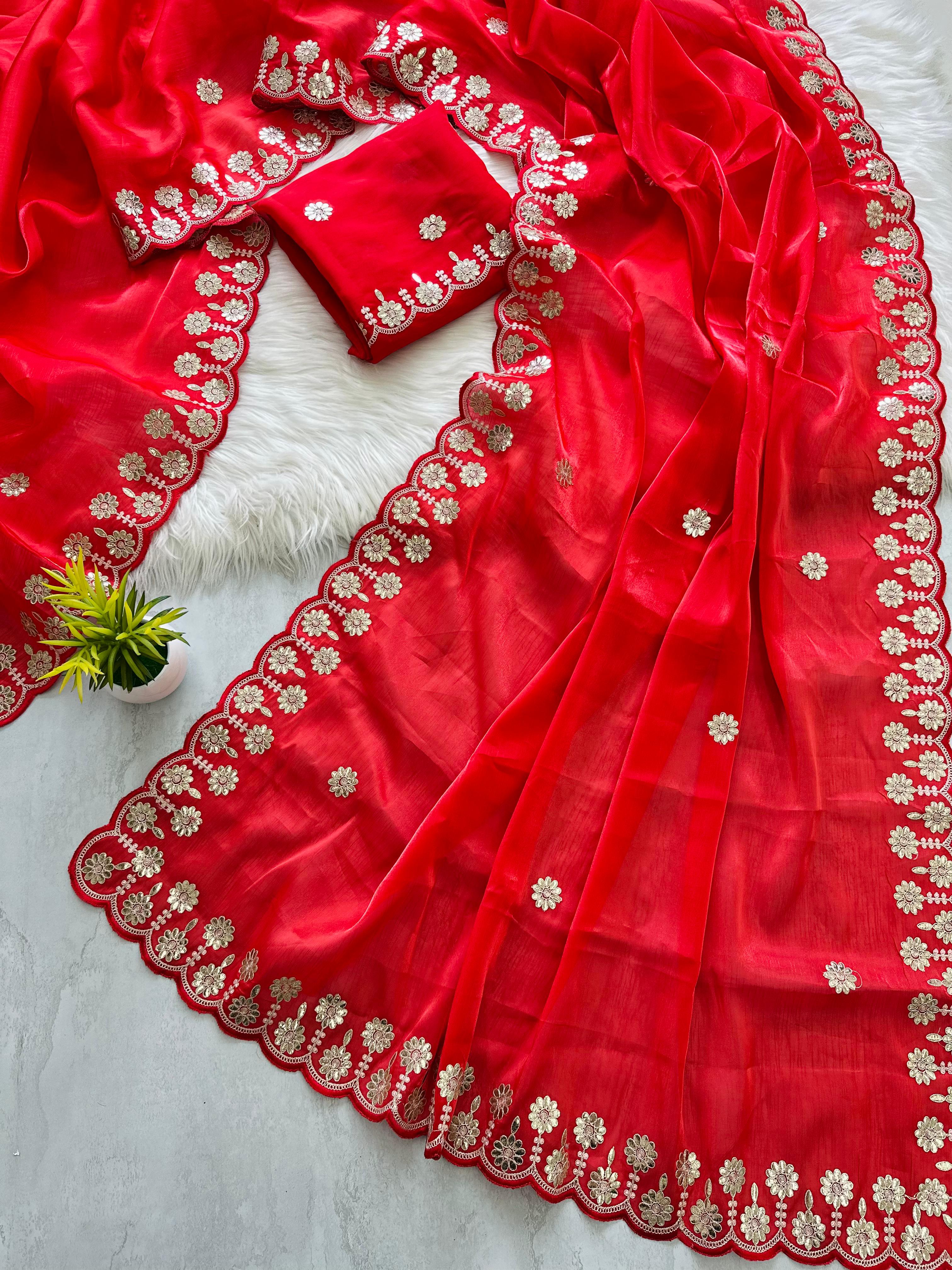 ClothsVilla Red Jimmy Choo Saree with Beautiful Jaipuri Gota Work – Complete with Matching Running Blouse - view 3