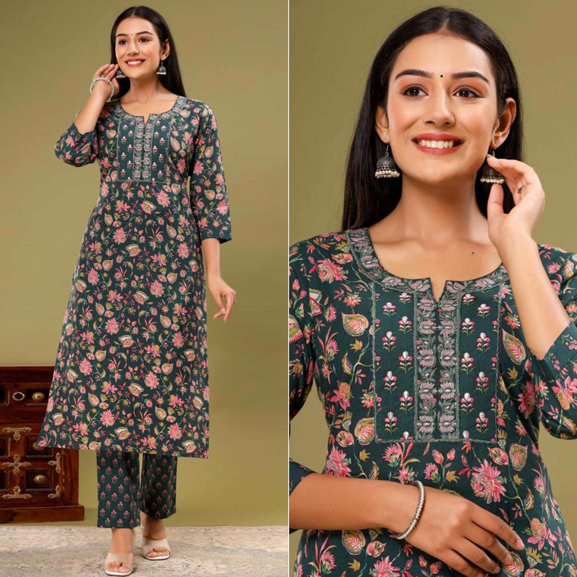 Green suits – BlackTree green-floral-printed-pure-cotton-suit-2