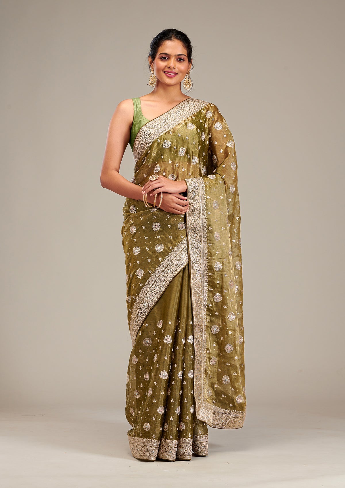 Koskii Mehendi Zariwork Tissue Saree – Women's