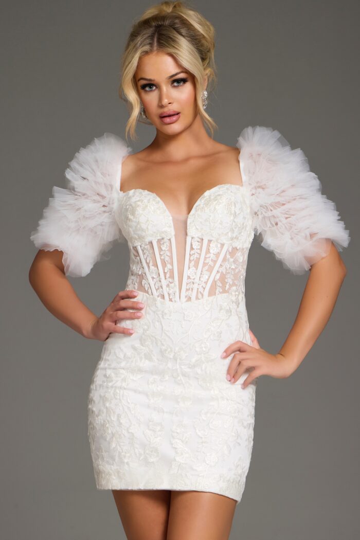 Jovani 40426 Short Lace Cocktail Mini Dress – White