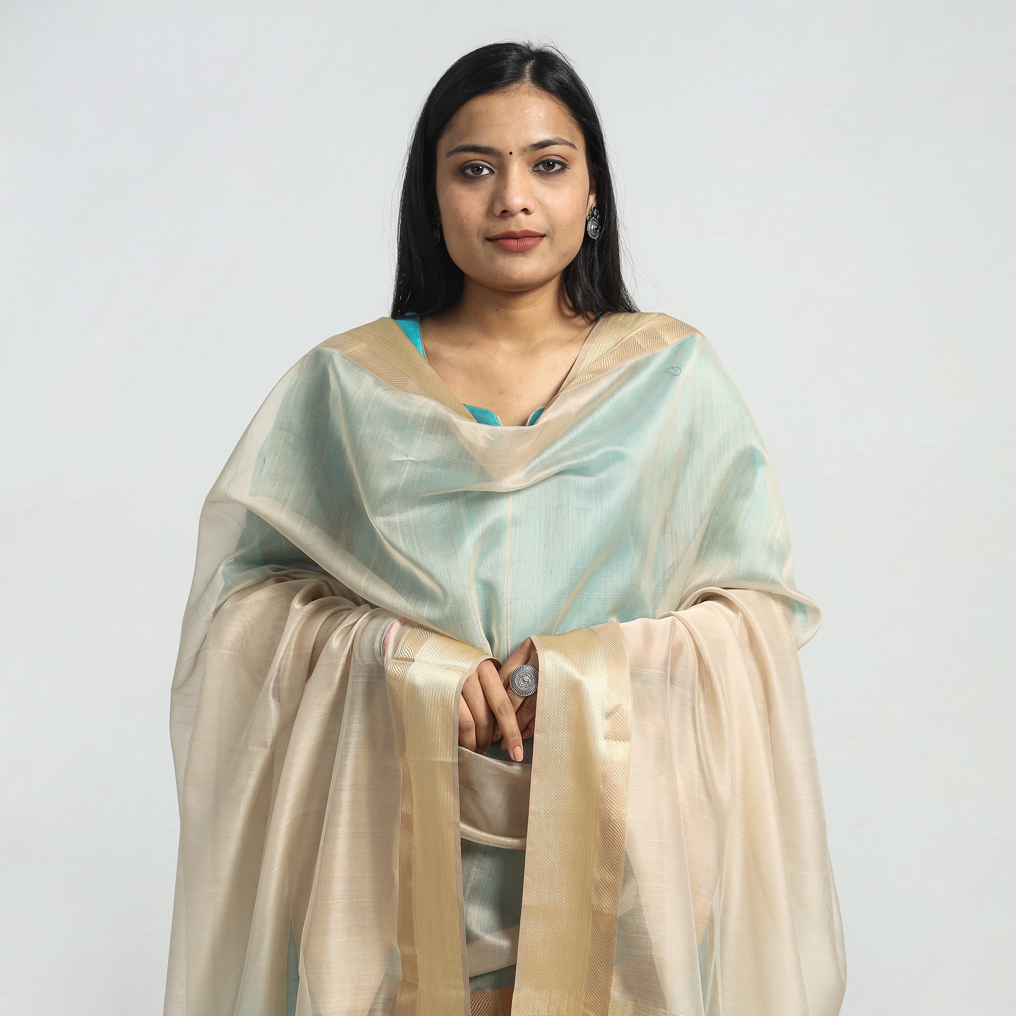 ITOKRI CASUALS Aqua Blue - Traditional Maheshwari Handloom Silk Cotton Kurta with Dupatta Set