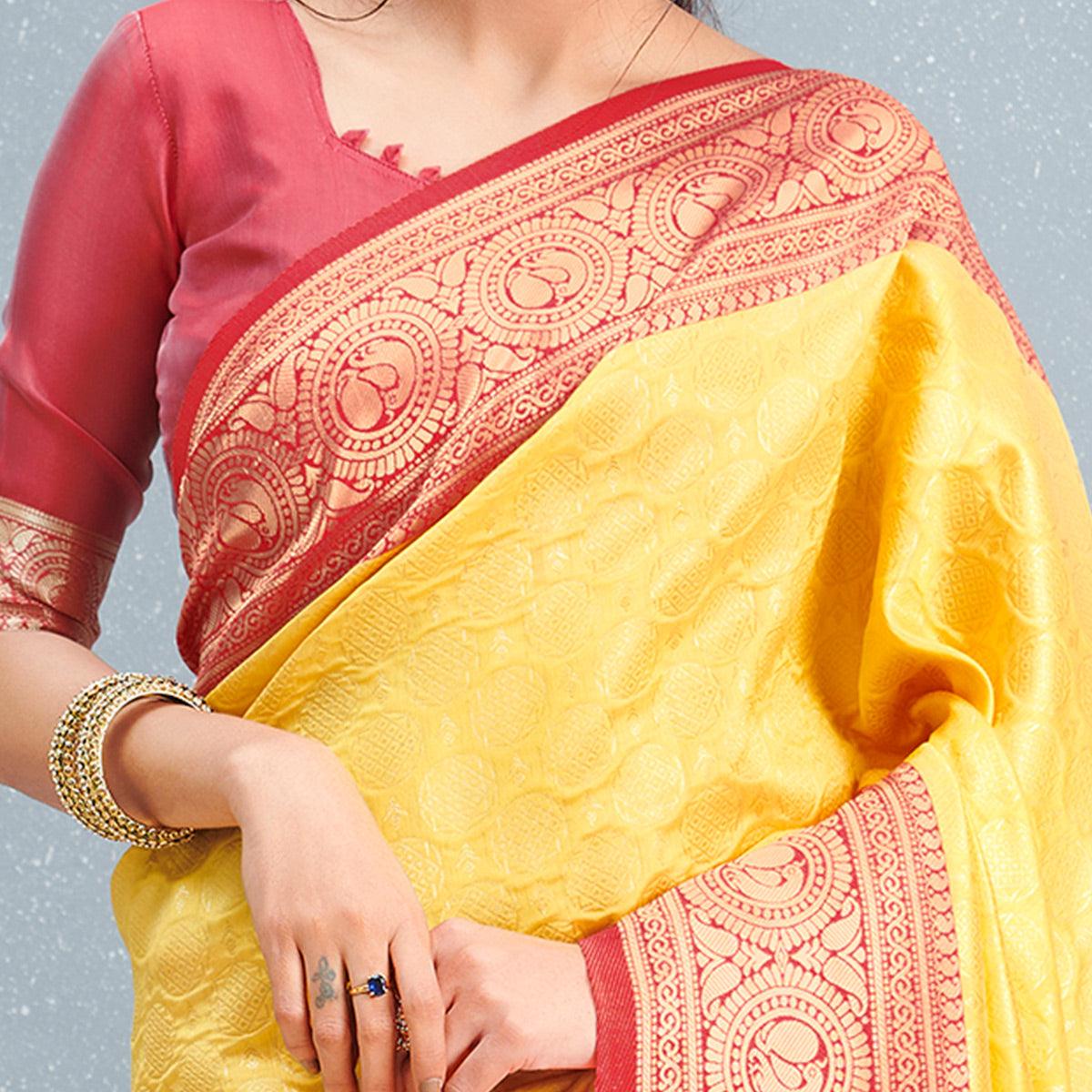 Peachmode Flaunt Yellow Colored Festive Wear Woven Silk Saree - view 2