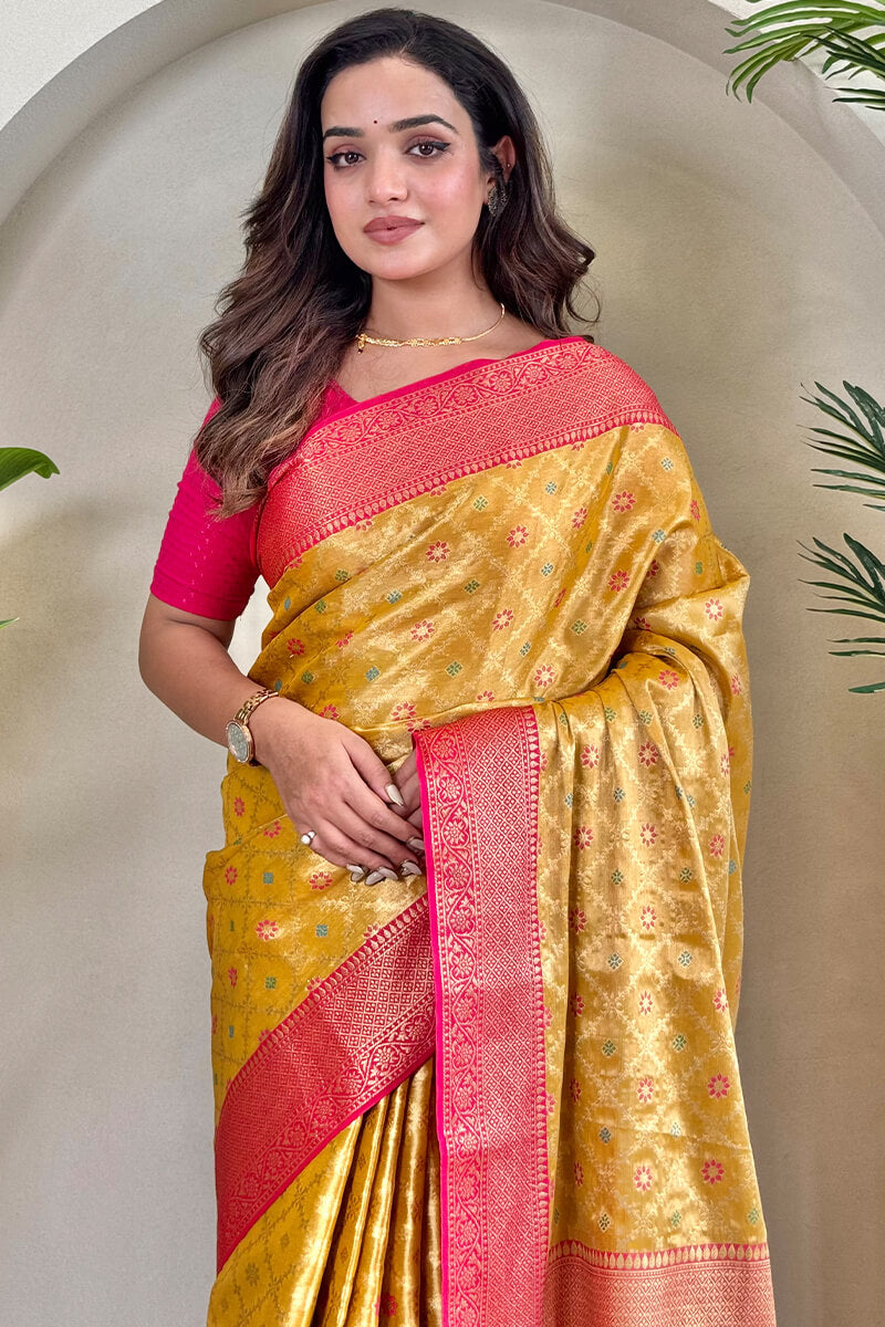 Tasrika Staring Yellow Soft Banarasi Tissue Silk Saree With Ravishing Blouse Piece - view 2
