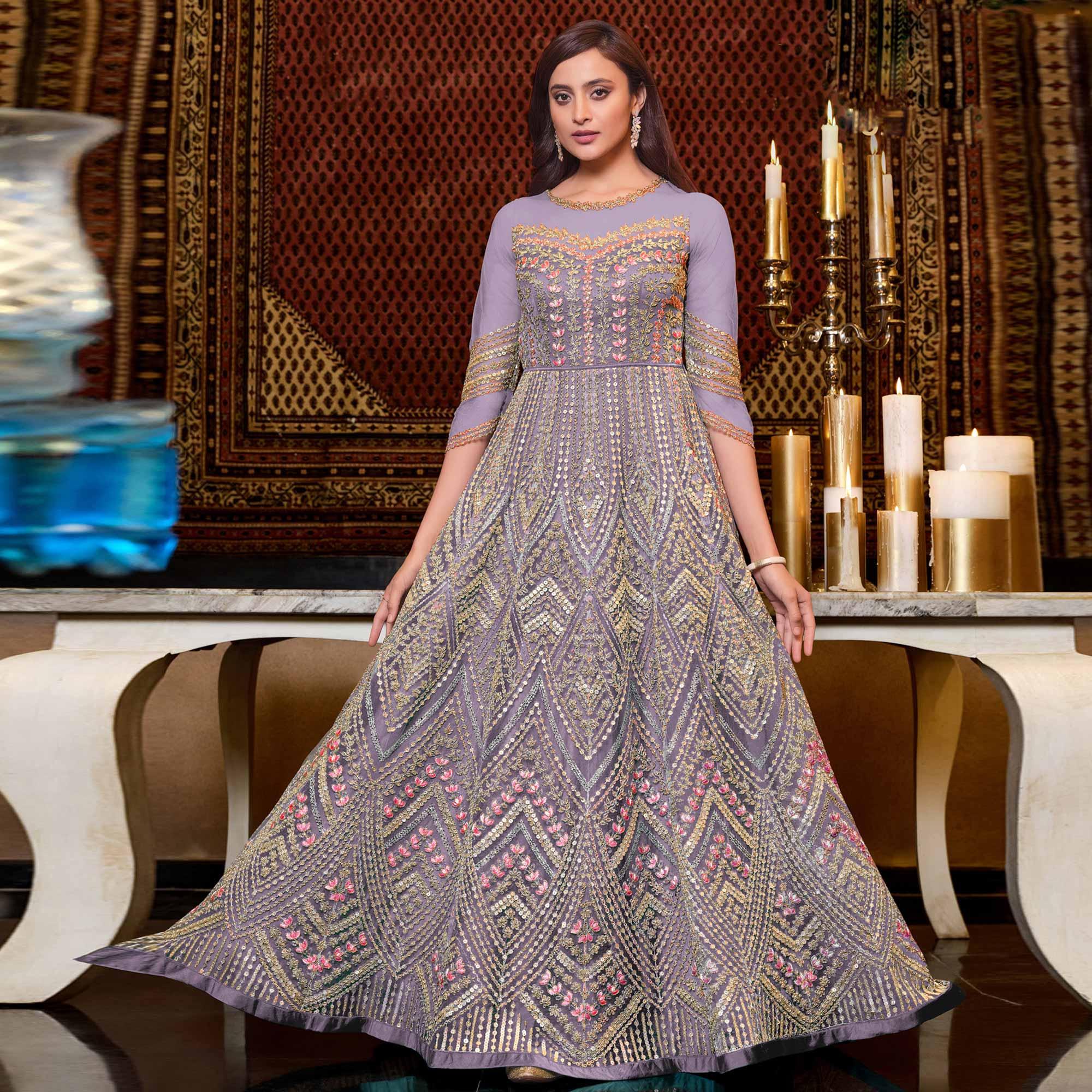 Peachmode Light Lavendar Designer Partywear Embroidered Heavy Net Anarakali Suit