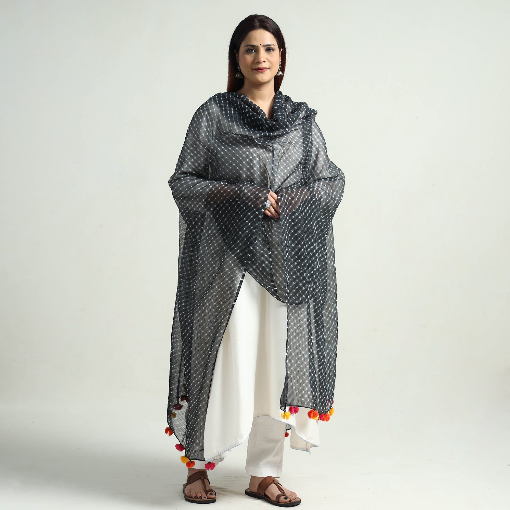 LEHARIYA BY BADSHAH MIYAN Black - Leheriya Tie-Dye Mothra Kota Doria Cotton Dupatta with Tassels 24 - view 2