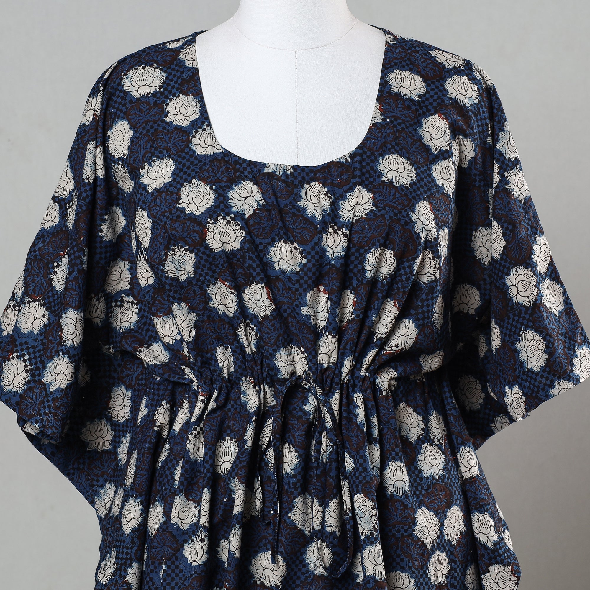ITOKRI CASUALS Blue - Bagru Block Printed Cotton Kaftan with Tie-Up Waist (Short) - view 2