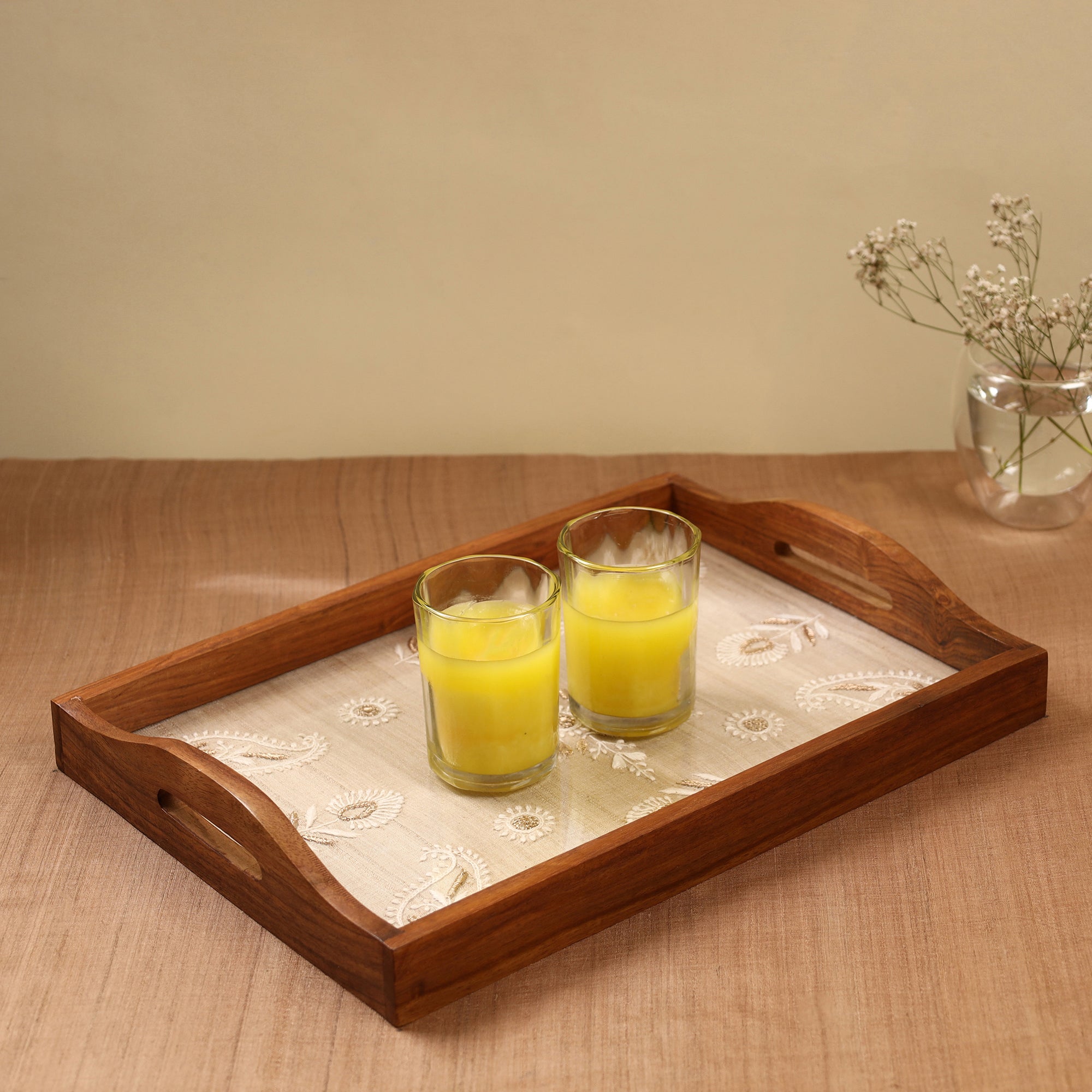 LAVANGG Beige - Chikankari Zari Hand Embroidered Sheesham Wood Tray