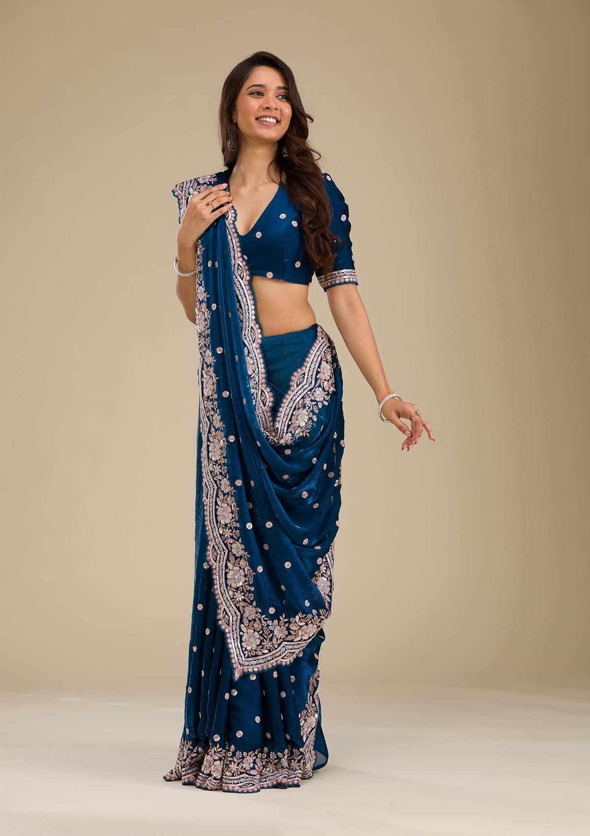 Koskii Peacock Blue Zariwork Velvet Saree – Women's