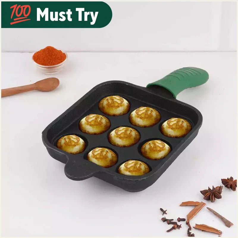 The Indus Valley 9 Pit/Cup CASTrong Cast Iron Paniyaram/Appe Pan+ Cool Silicone Grip, Pre-seasoned, Nonstick, 100% Pure, Toxin-free, 18cm, 2.4 kg