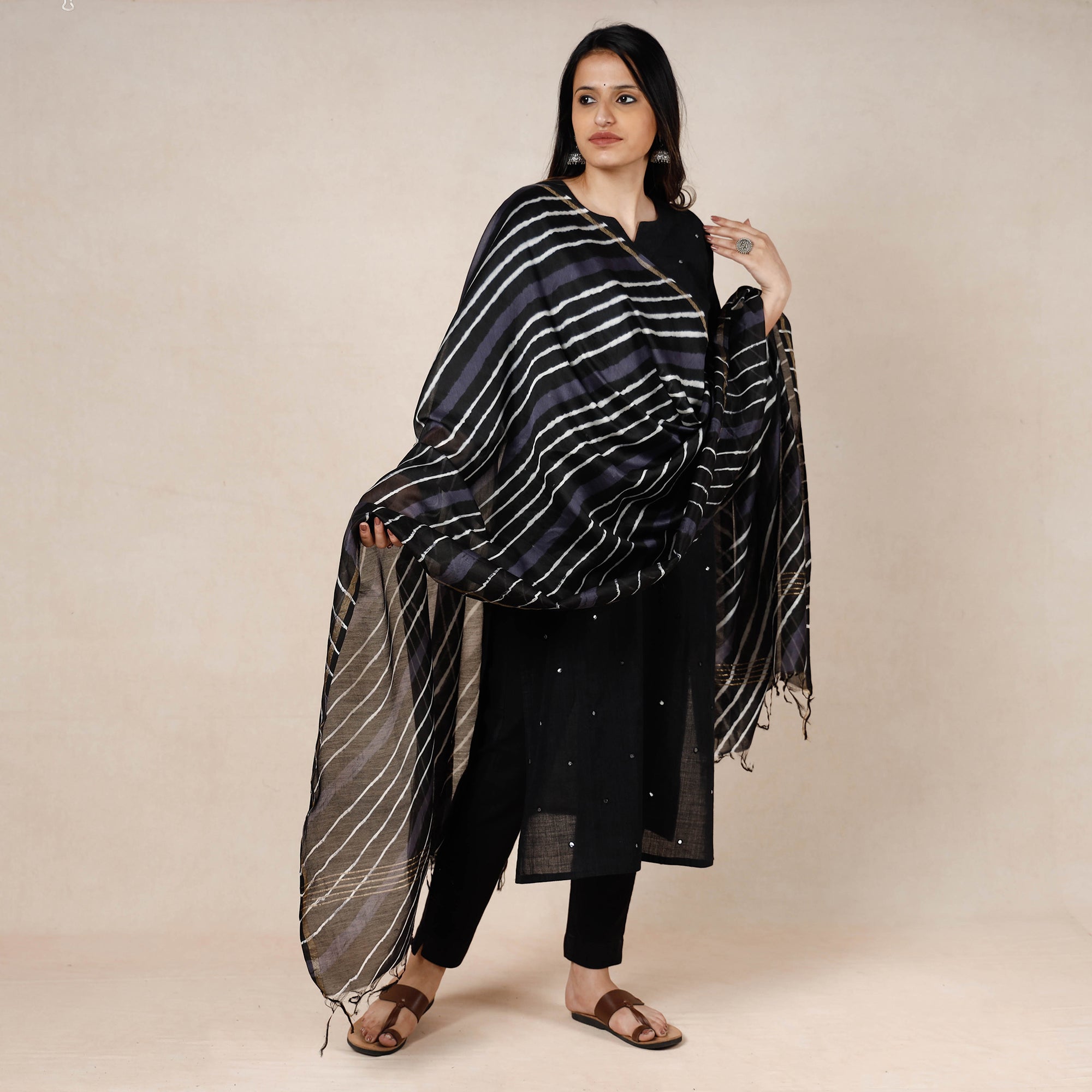 LEHARIYA BY BADSHAH MIYAN Black - Leheriya Tie-Dye Chanderi Silk Dupatta with Tassels - view 2