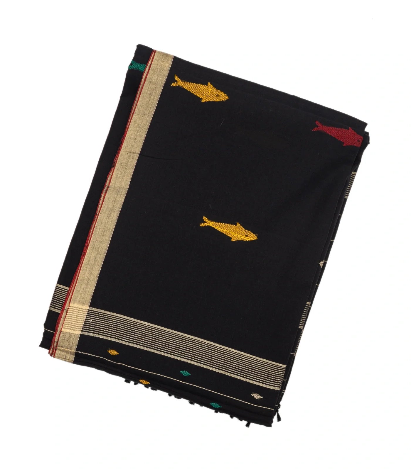 RmKV Black Handloom Bengal Cotton Saree With Fish Motifs