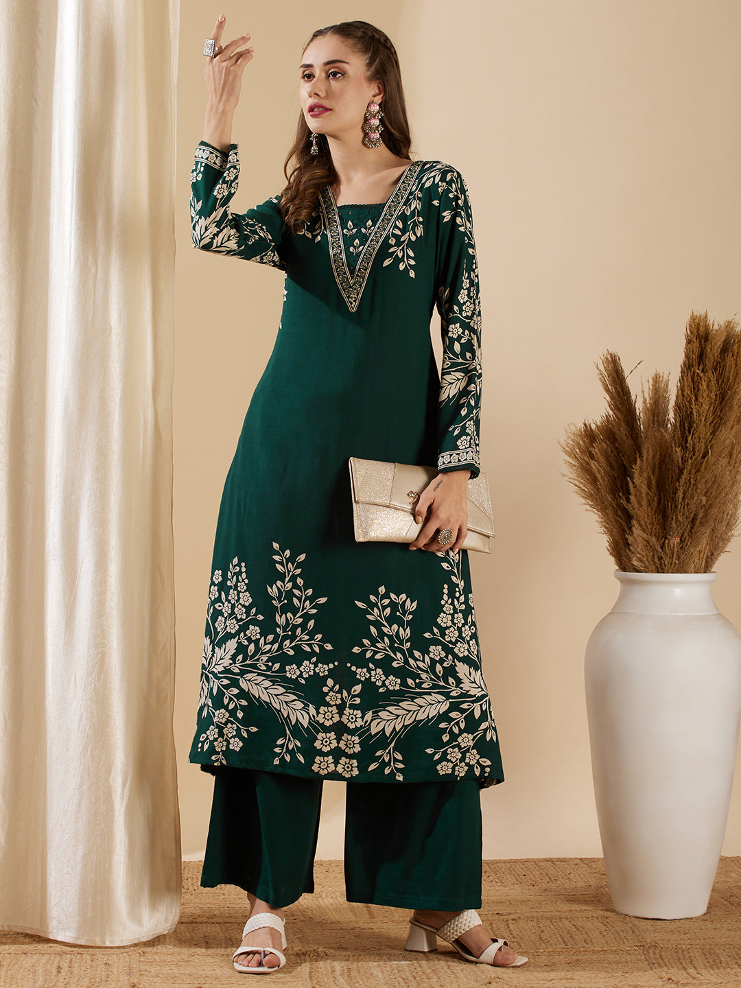 Fashor Floral Printed & Hand Embroidered A-Line Kurta with Flared Palazzo - Green - view 3