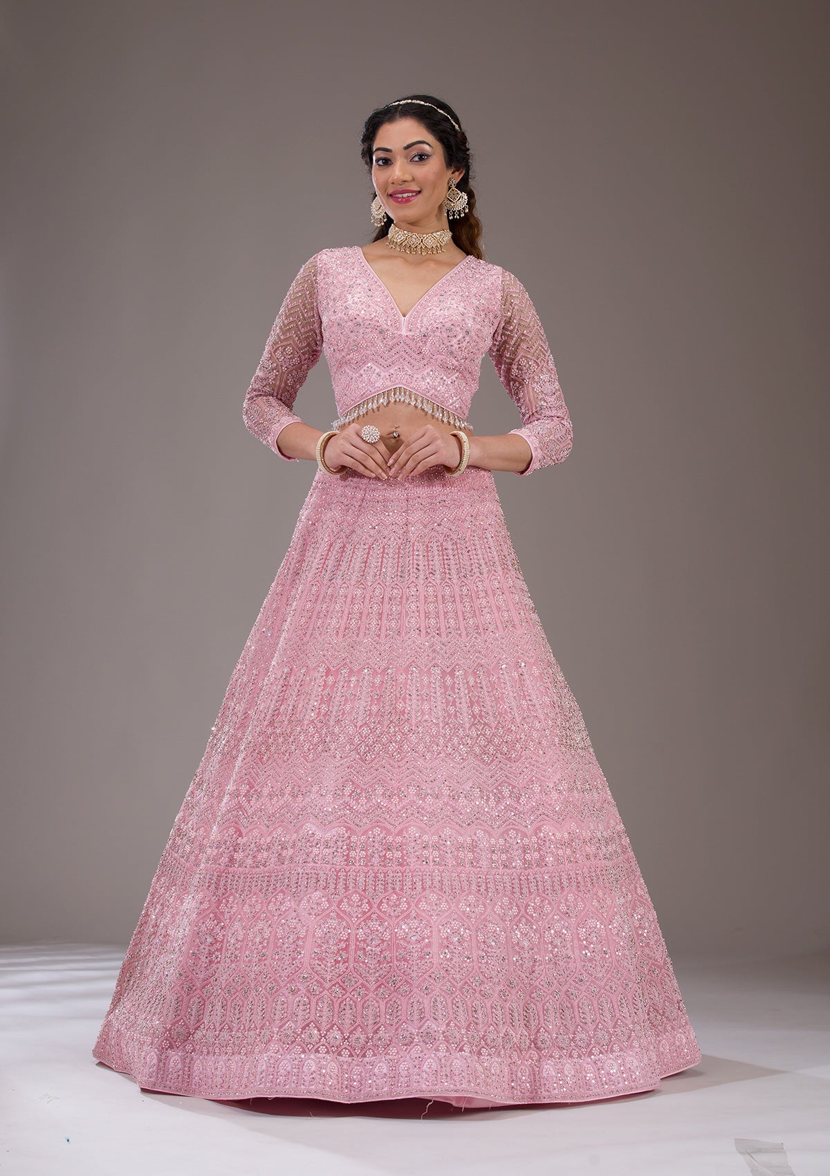 Koskii Baby Pink Silver Stonework Net Readymade Lehenga - view 4