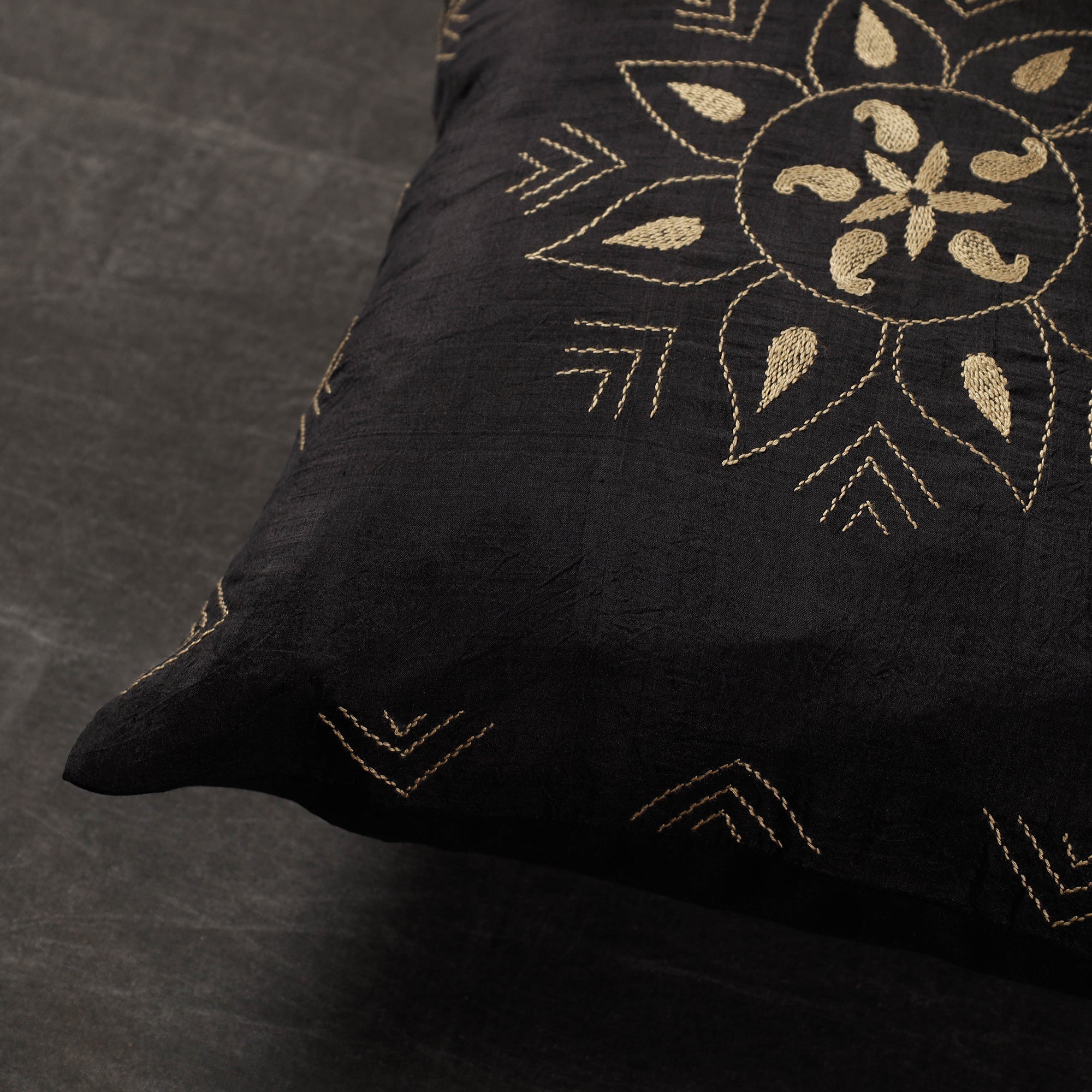 SASHA Black - Alpana - Kantha Embroidery Handloom Silk Cushion Cover (16 x 16 in) - view 2