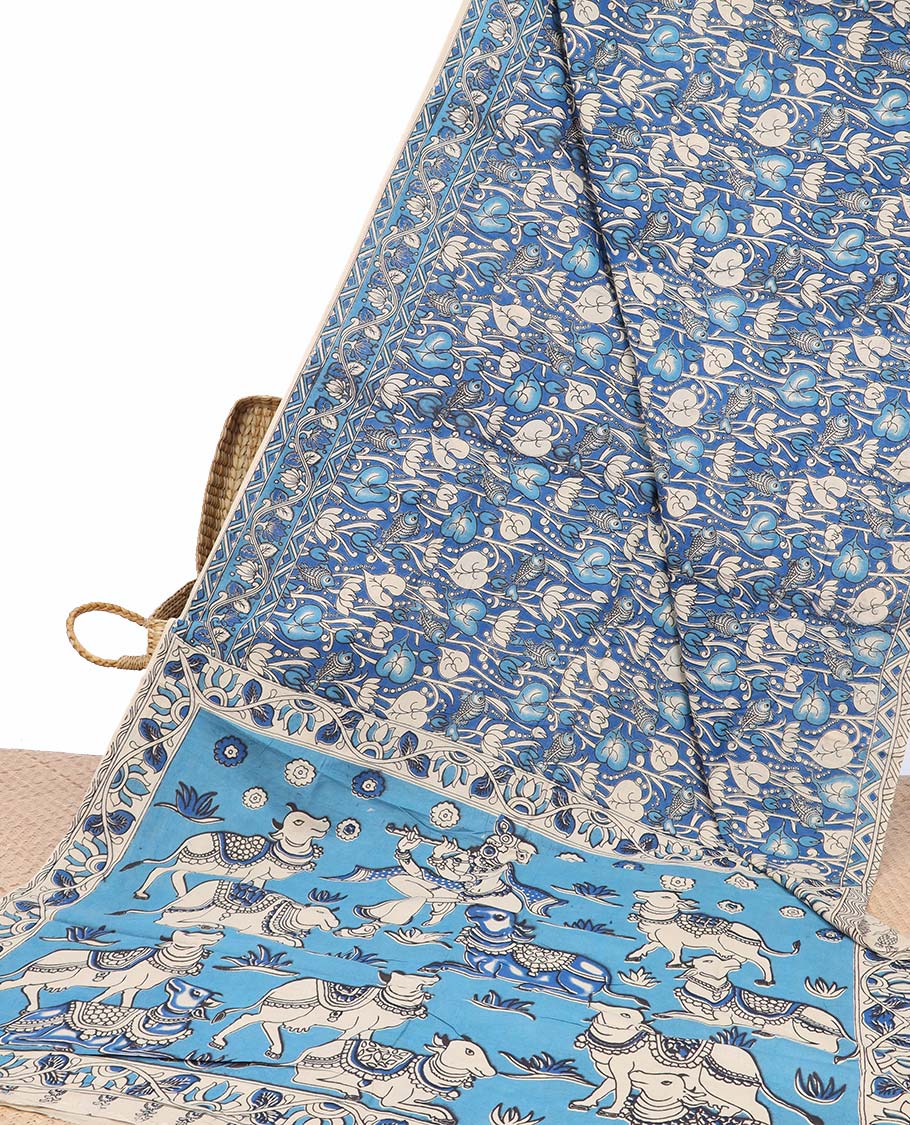Pothys Blue unique floral machine-printed kalamkari cotton saree, contrast floral border & floral & diamond pallu